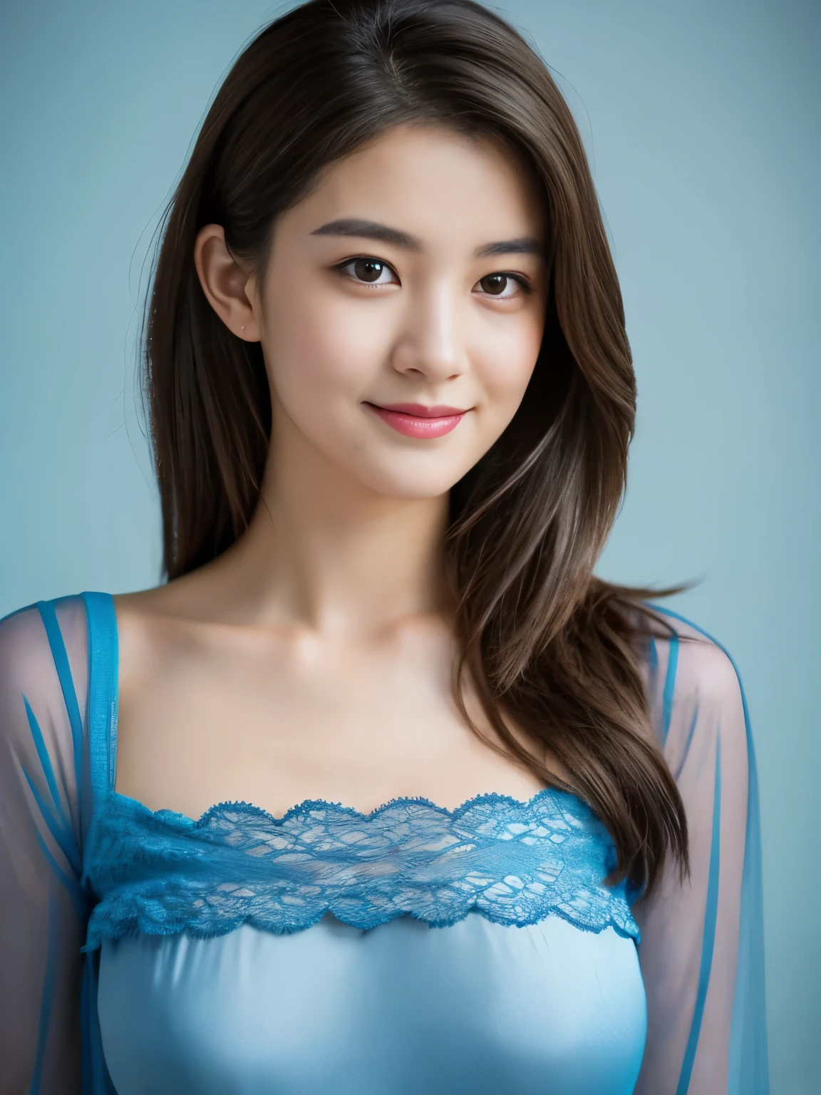 beautiful 25 year old woman。She is wearing a tight camisole made of light blue satin fabric...。Black lace on chest and hem.。smile gently。her dark brown hair、、her hair is long and straight。High resolution、masterpiece、highest quality、Head w:1.4、((Hasselblad Photos))、fine skin、fine knit、(movie lighting)、clavicle,