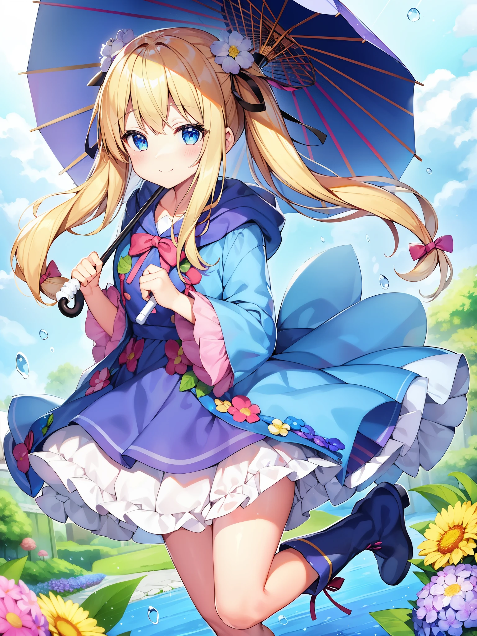 1 girl、rainbow、raincoat、黄色いraincoat、boot、hydrangea、flower、long hair、twin tails、boots、blush、umbrella、open your mouth、hair ornaments、white background、hood、solo、Teruteru Shaved、Very Longhair、hoodアップ、Long sleeves、ローtwin tails、bow、bangs、smile、アニマルhood、blue eyes、rabbit、閉じたumbrella、puddle、whole body、:d、snails、yellow footwear、simple background、ピンクのflower、Are standing、葉umbrella、umbrellaを持っている、食べ物-テーマのhair ornaments、hair ribbon、animalの耳、Keep、blonde、髪のflower、rain、animal