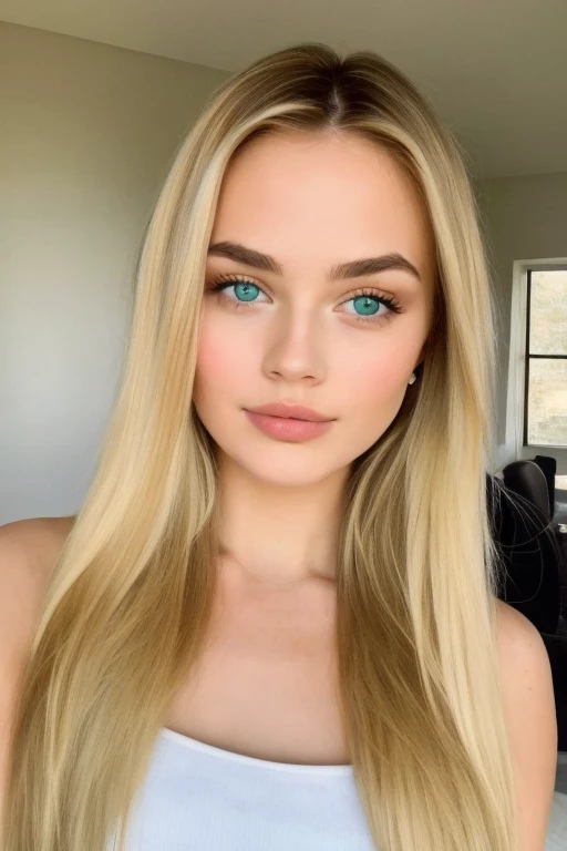 There is a woman staring at the camera for an ID photo, She is a young woman of 18 years old blonde highlights, green eyes, pronounced cheekbones, refined face and nose, pale skin and big eyes, full lips, she is in a simple room, sexy gestores and face fully clear