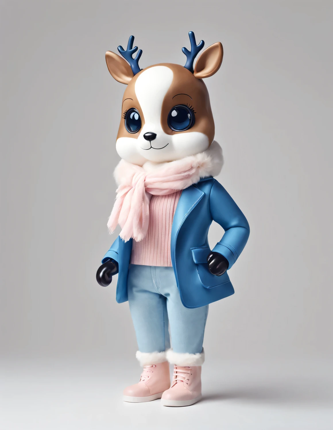 3D style doll design,(One is very fat、Very fashionable、Very cute deer),Wearing a pink turtleneck and blue jacket,Winter scarf,jeans,Gloves,bow tie,small round hat(Decorated with flowers or feathers),tie,sunglasses,(female)handbag,cotton,flax,Wool combines classic and modern styles,An elegant combination of dark blue and brown,Showcase the charm of retro style while maintaining a sense of fashion,Excited and happy smile,Wearing a sun hat,Weird,Smile,Shiny white fluffy,large and bright eyes,Fluffy tail,Exquisite and delicate,fairy tale,Super details,Pixar style,Bright colors,Natural light,solid color simple background,5 and ctane rendering,gorgeous,super wide angle,8k,HD realistic,