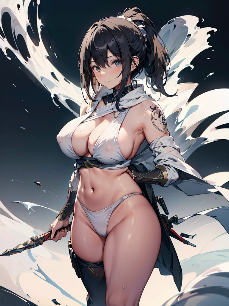 Moe anime illustration、High resolution、female assassin、brown hair、colorful robes、Erotic swimwear、Assassin's Creed、Close-up of people、nipple、archaic smile、female organ、big breasts