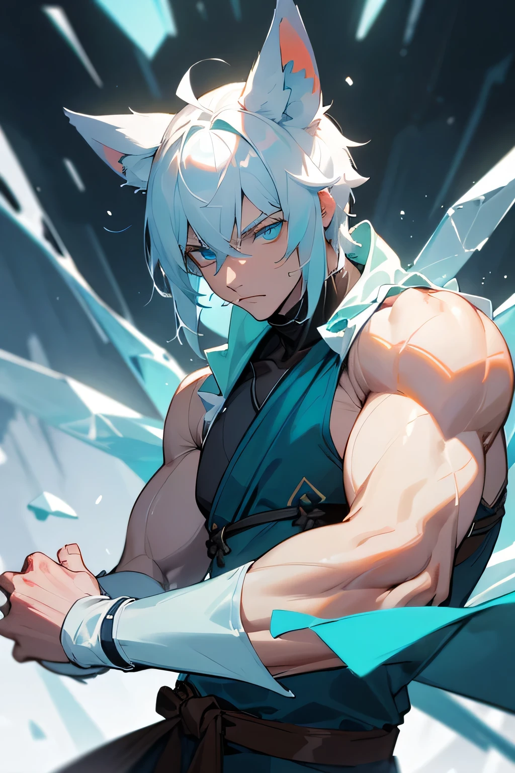 master masterpiece, 4k, highly detailed, 1male, wolf ears, muscular, short hair, (half color hair), white hair, ((ice theme)), cyan eyes, muscular arms, monk, snow, Clear focus, hard lighting，brave, furious, vivd colour.