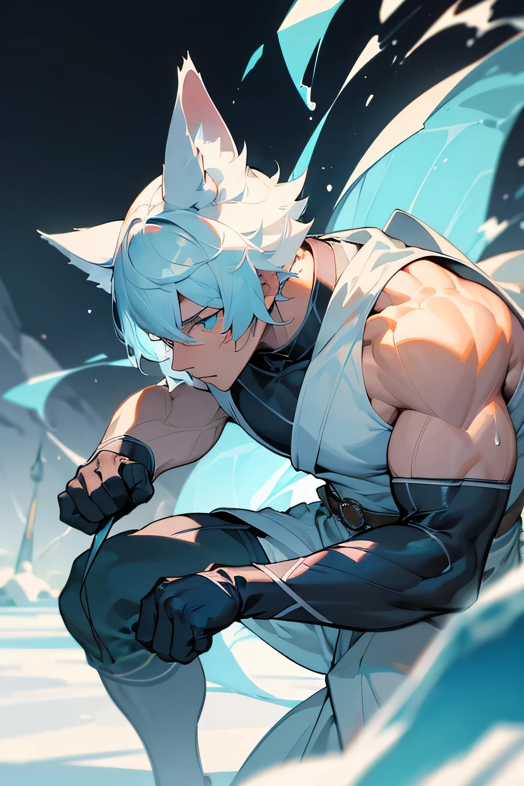 master masterpiece, 4k, highly detailed, 1male, wolf ears, muscular, short hair, (half color hair), white hair, ((ice theme)), cyan eyes, muscular arms, monk, snow, Clear focus, hard lighting,brave, furious, vivd colour.