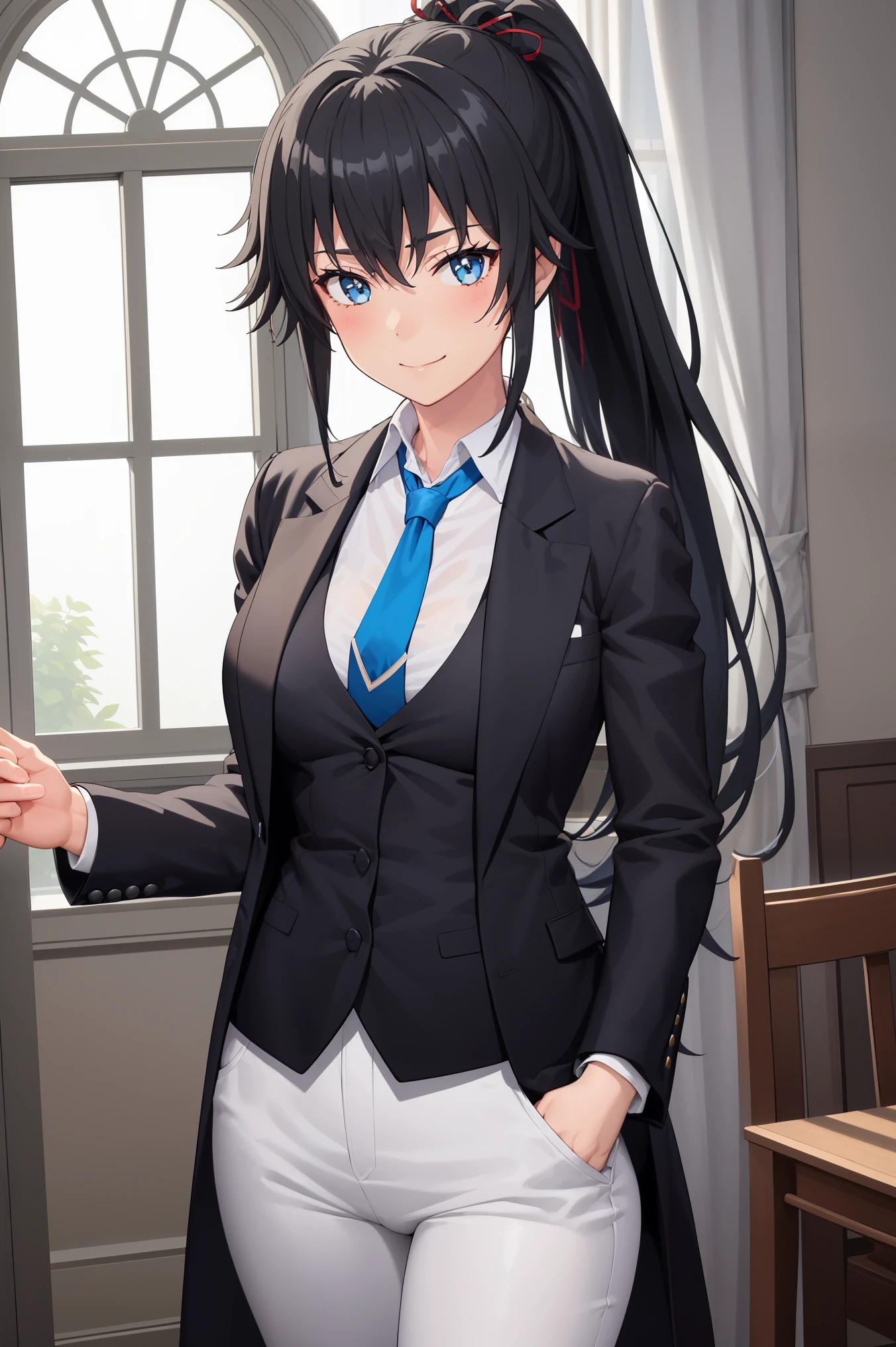 ((best quality)), ((masterpiece)), (detailed) 1girl 1girl, ;\), blurry, blurry_background, breasts, , hair_ponytail ribbon, looking_at_viewer, ok_sign, one_eye_closed, open_hand, Yukinoshita Yukino ,Woman wearing formal clothes, An attractive coat stands in a large gap in the room , 1girl, 独奏, blue necktie, Black hair, eyes blue, long hair, smile , collared shirt, white pants, white shirt , Elegantly designed coat , Stand in front of a window ,Perfectly tailored tailcoat. It has a stunning Victorian design and is made of lustrous fabric