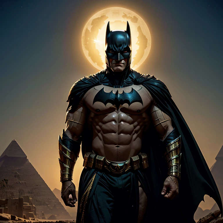 Ultra-realistic CG rendering, masterpiece, best quality, Batman as an Egyptian God, solo, muscular physique, intricately detailed headdress adorned with Egyptian symbols, piercing gold eyes, chiseled features, contrasted with the murky, shadowy background, hieroglyphs and ancient artifacts scattered around, the sun setting behind, casting a golden glow on Batman's form, armor shimmering in the twilight, majestic and imposing, the peaceful desert landscape creating a surreal backdrop for the Dark Knight's transformation into an Egyptian God.