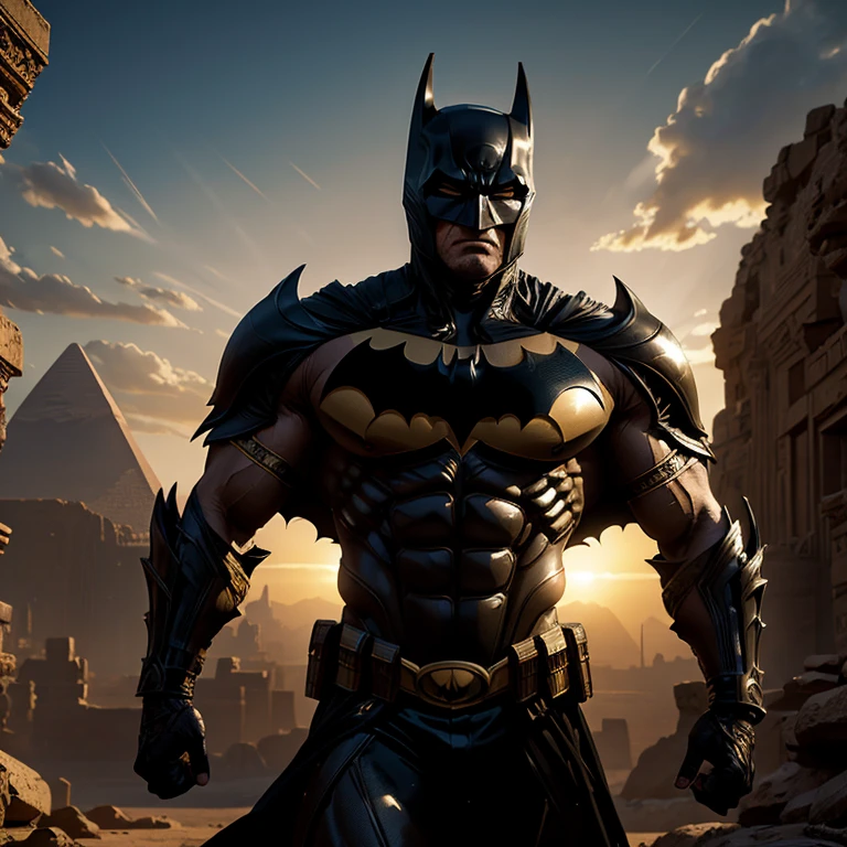 Ultra-realistic CG rendering, masterpiece, best quality, Batman as an Egyptian God, solo, muscular physique, intricately detailed headdress adorned with Egyptian symbols, piercing gold eyes, chiseled features, contrasted with the murky, shadowy background, hieroglyphs and ancient artifacts scattered around, the sun setting behind, casting a golden glow on Batman's form, armor shimmering in the twilight, majestic and imposing, the peaceful desert landscape creating a surreal backdrop for the Dark Knight's transformation into an Egyptian God.