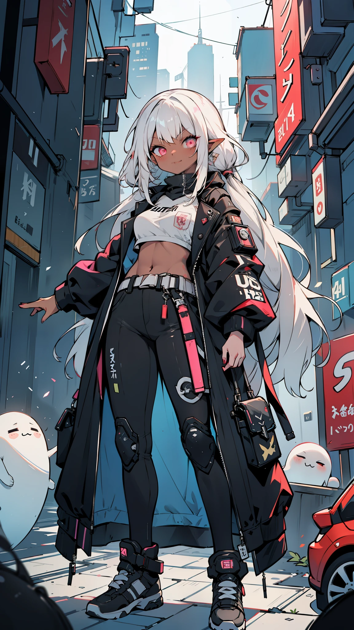 ((masterpiece )), (top quality), (best quality), ((ultra-detailed, 8k quality)), Aesthetics, Cinematic lighting, (detailed line art), Beautiful digital artwork, Exquisite digital illustration, absurdres, (best composition), (high-resolution),
BREAK,
A small dark elf girl, with tan skin, black and white white hair, and pink eyes, (black harajuku fashion, with a cyberpunk, cyberpunk streetwear, wearing cyberpunk streetwear, techwear, cyberpunk techwear, techwear fashion), She is holding her arms out while smirking, strings of black slime hang from her fingers and connecting to small (black creatures, She is cute ghost),BREAK, 
((perfect anatomy)), nice body, medium breast, (extremely detailed finger), best hands, perfect face, beautiful face, beautiful eyes, perfect eyes, (perfect fingers), correct anatomy, ((dark skin)), 