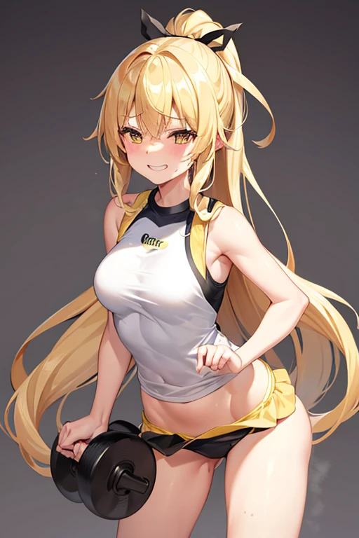 Marisa Drizzle、yellow sportswear、Sweat、High precision、highest quality、high resolution、beautiful、cute、long blonde hair、yellow eyes、ponytail、small breasts、Whistle、Sweatが垂れる、Grinning、Lift a large dumbbell with one hand、put one hand on your waist、training