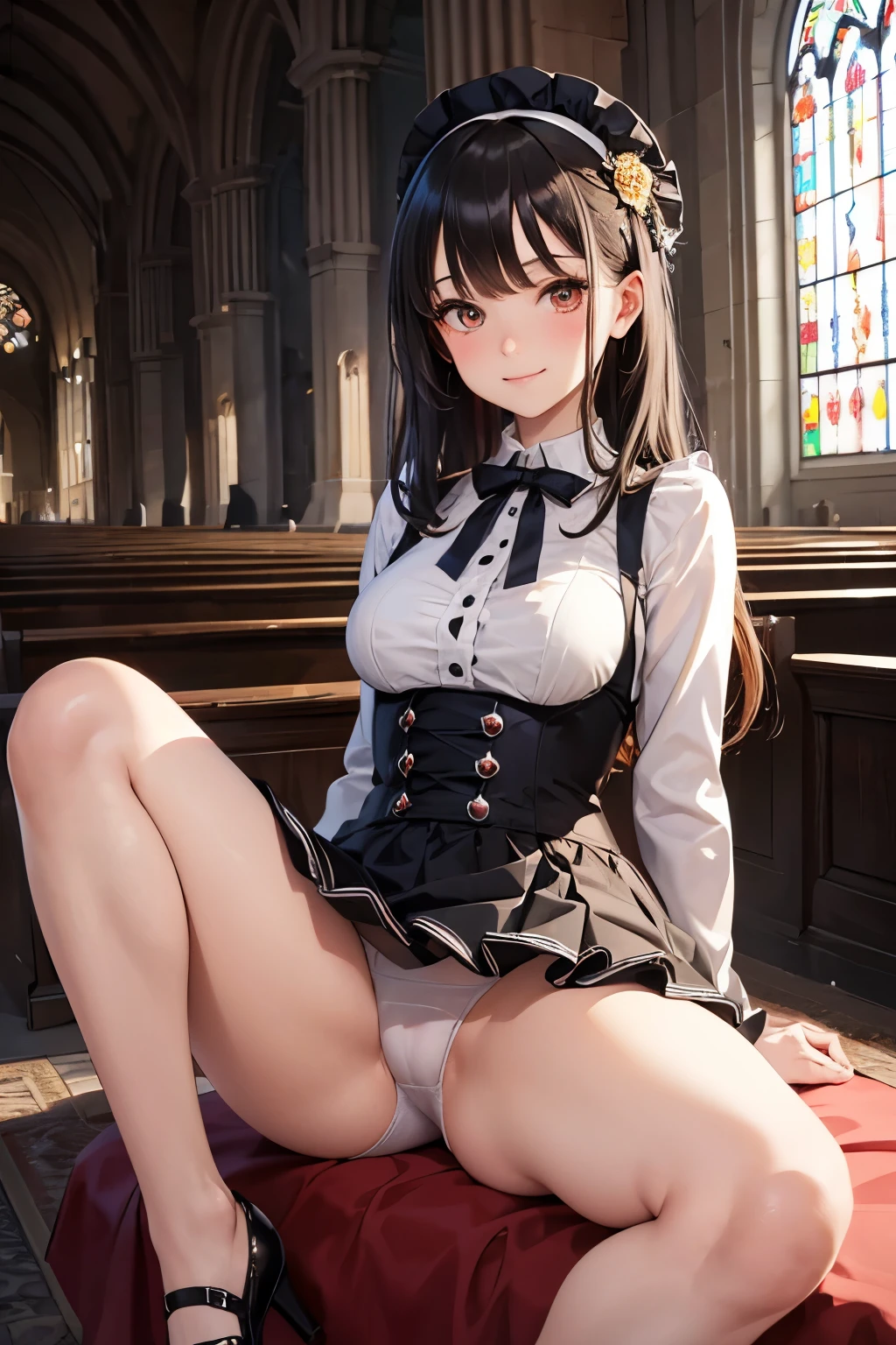 very cute and beautiful girl,(highly detailed beautiful face and eyes:1.2),
(smile),blush,black hair,looking at viewer,floral brown pattern lolita dress with detailed frills,detailed lace,sitting,(spread legs),arms behind back,(white panties),
altar,church,indoors,detailed background,
(best quality,masterpiece:1.2),intricate details,extremely detailed,high resolution,
solo,cinematic lighting,dynamic angle,ultra-detailed,cinematic scene,