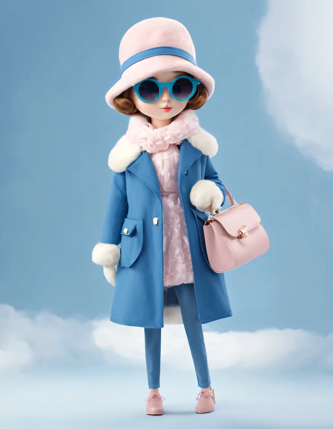 3D style doll design,(One is very fat、Very fashionable、Very cute deer),Wearing a pink turtleneck and blue jacket,Winter scarf,jeans,Gloves,bow tie,small round hat(Decorated with flowers or feathers),tie,sunglasses,(female)handbag,cotton,flax,Wool combines classic and modern styles,An elegant combination of dark blue and brown,Showcase the charm of retro style while maintaining a sense of fashion,Excited and happy smile,Wearing a sun hat,Weird,Smile,Shiny white fluffy,large and bright eyes,Fluffy tail,Exquisite and delicate,fairy tale,Super details,Pixar style,Bright colors,Natural light,solid color simple background,5 and ctane rendering,gorgeous,super wide angle,8k,HD realistic,