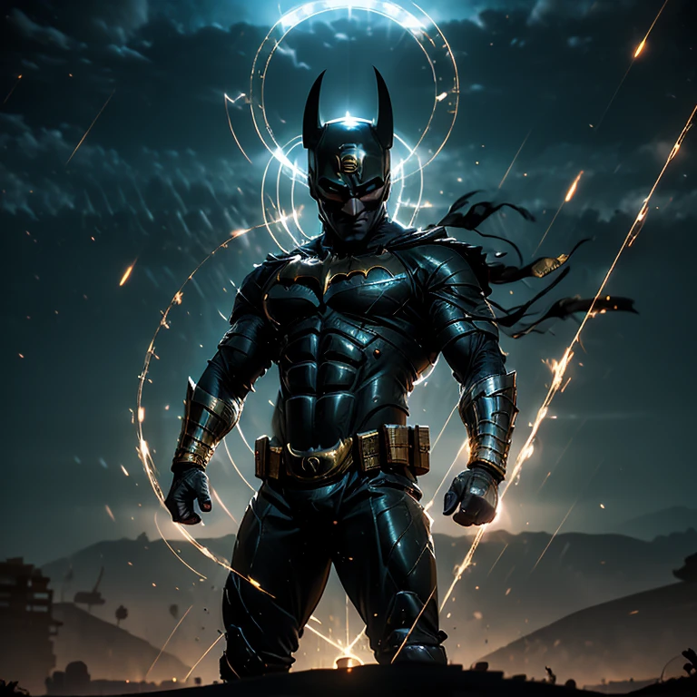 Ultra-realistic CG rendering, masterpiece, best quality, Batman as an Egyptian God, solo, muscular physique, intricately detailed headdress adorned with Egyptian symbols, piercing gold eyes, chiseled features, contrasted with the murky, shadowy background, hieroglyphs and ancient artifacts scattered around, the sun setting behind, casting a golden glow on Batman's form, armor shimmering in the twilight, majestic and imposing, the peaceful desert landscape creating a surreal backdrop for the Dark Knight's transformation into an Egyptian God.