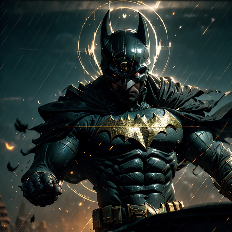 Ultra-realistic CG rendering, masterpiece, best quality, Batman as an Egyptian God, solo, muscular physique, intricately detailed headdress adorned with Egyptian symbols, piercing gold eyes, chiseled features, contrasted with the murky, shadowy background, hieroglyphs and ancient artifacts scattered around, the sun setting behind, casting a golden glow on Batman's form, armor shimmering in the twilight, majestic and imposing, the peaceful desert landscape creating a surreal backdrop for the Dark Knight's transformation into an Egyptian God.