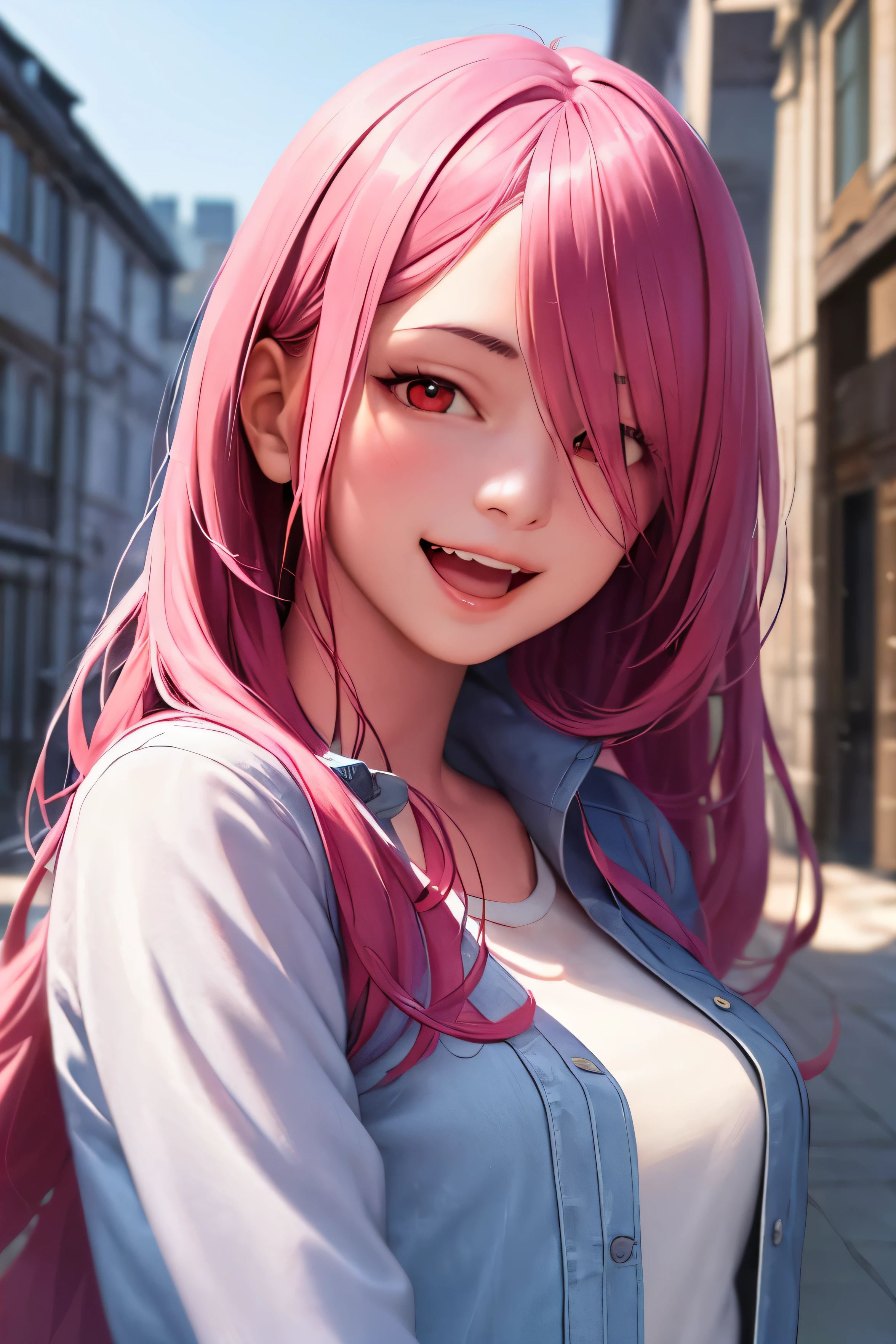 1girl, ((best quality)), ((masterpiece)), ((realistic)), (detailed), (perfect face), beautiful women, nevy blue jaket, white shirt, pure happy, smile, open mouth, pink hair, long hair, hair between eyes, red eyes, attractive, high angle, building background