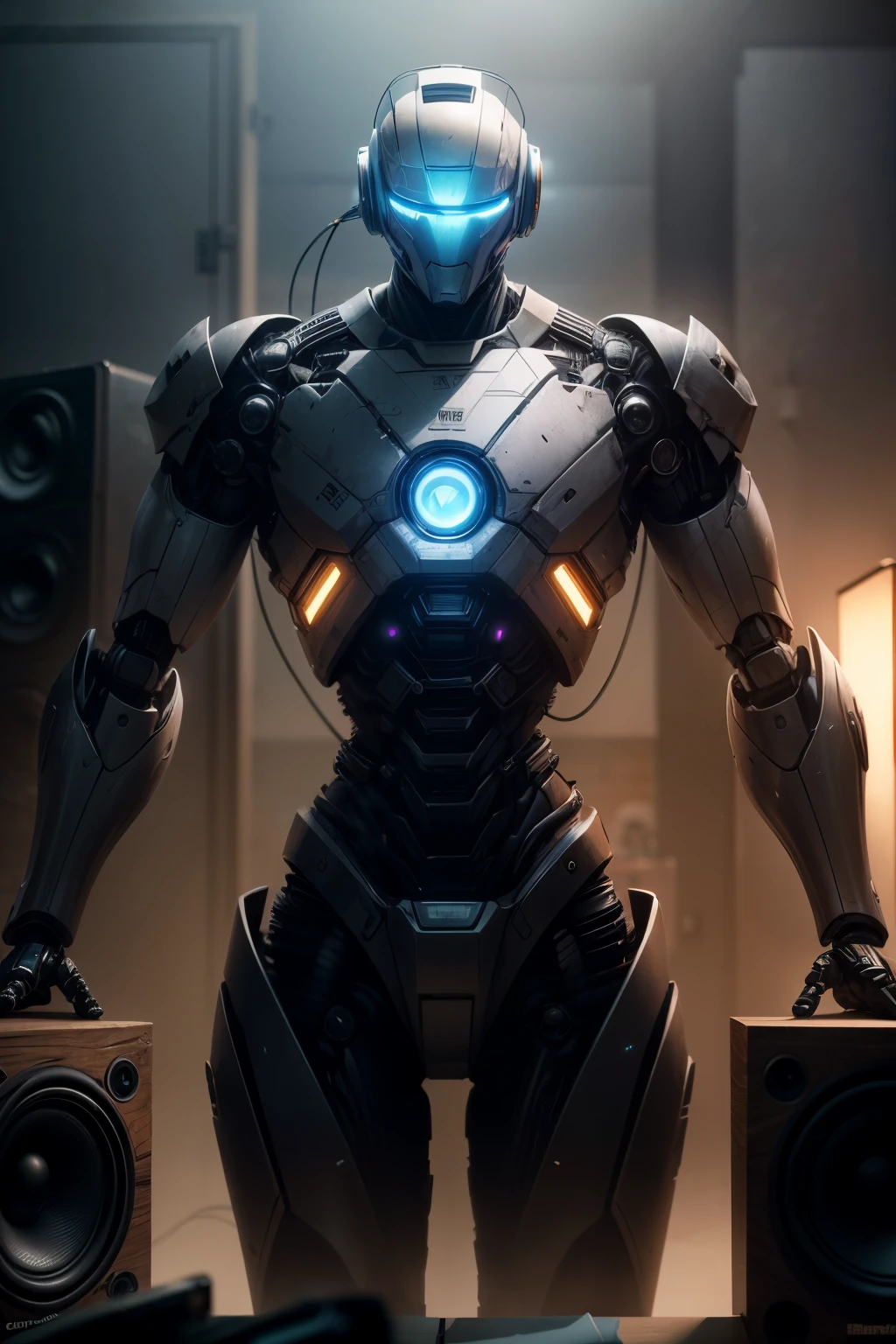 a robot from the future with a mirrored visor in place of his face speaking into a speaker, hyper-realistic, + cinematic shot + dynamic composition, incredibly detailed, sharpen, details + superb details + evening with light + perfectionism + award winning realism ((moody lighting))