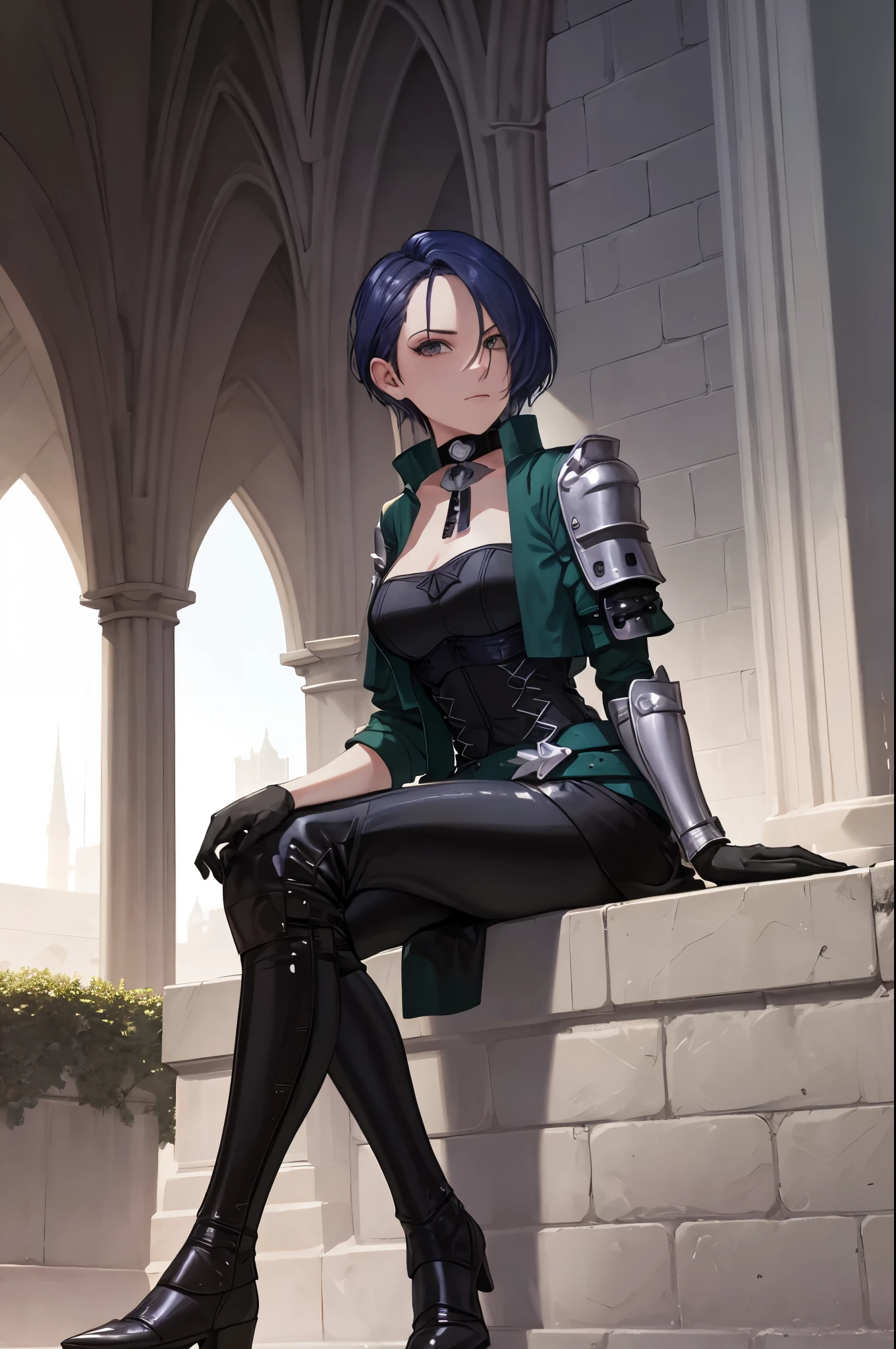 masterpiece, best quality, defShamir, collar, shoulder pad, black shirt, black gloves, bodice, green jacket, green belt, black pants, green boots, sitting, courtyard, medieval architecture, garden, looking at viewer, serious, (smile:0.6) 