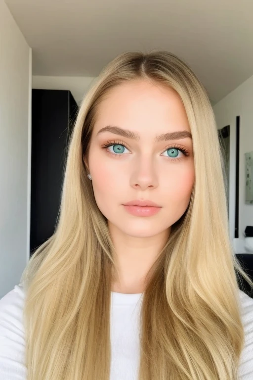 There is a woman staring at the camera for an ID photo, She is a young woman of 18 years old blonde highlights, green eyes, pronounced cheekbones, refined face and nose, pale skin and big eyes, full lips, she is in a simple room, sexy gestores and face fullee clear of hair