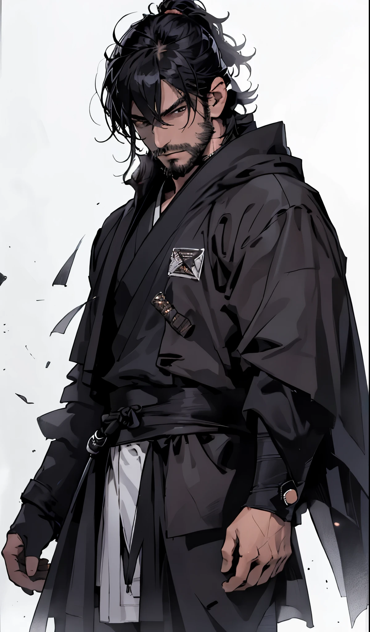 Ultra-detailed，high resolution，Ultra-detailed，Best quality，amazing，quality，Extremely detailed CG unified 8k wallpaper，Transparent Background，Single role，Draw a male character，He was dressed in white，Wearing a black cloak，he has black hair，japanese samurai，30-year-old middle-aged man