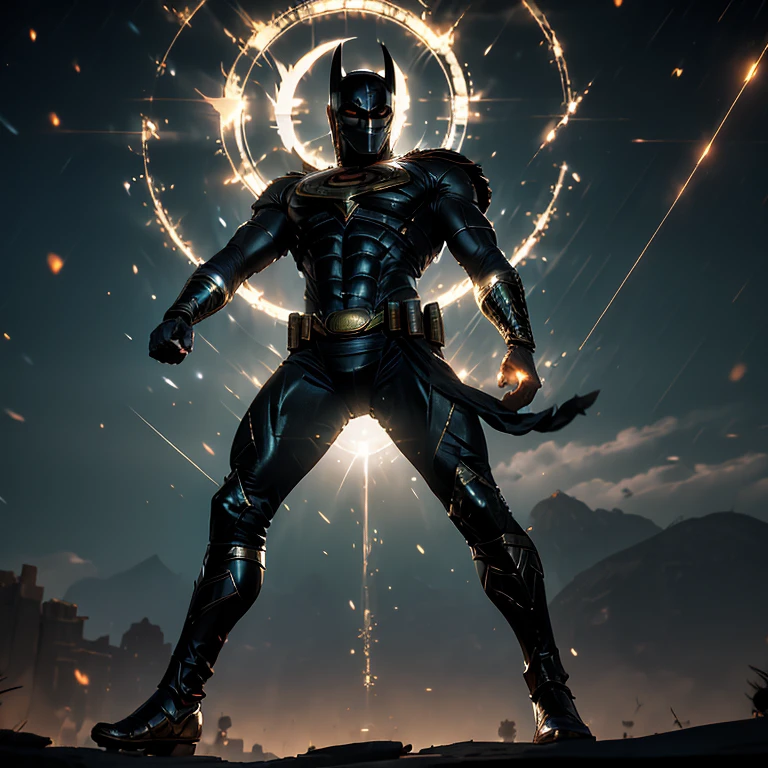 Ultra-realistic CG rendering, masterpiece, best quality, Superman as an Egyptian God, solo, muscular physique, intricately detailed headdress adorned with Egyptian symbols, piercing gold eyes, chiseled features, contrasted with the murky, shadowy background, hieroglyphs and ancient artifacts scattered around, the sun setting behind, casting a golden glow on Batman's form, armor shimmering in the twilight, majestic and imposing, the peaceful desert landscape creating a surreal backdrop for the Dark Knight's transformation into an Egyptian God.