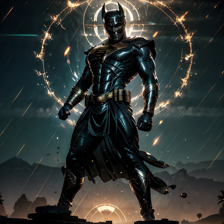 Ultra-realistic CG rendering, masterpiece, best quality, Superman as an Egyptian God, solo, muscular physique, intricately detailed headdress adorned with Egyptian symbols, piercing gold eyes, chiseled features, contrasted with the murky, shadowy background, hieroglyphs and ancient artifacts scattered around, the sun setting behind, casting a golden glow on Batman's form, armor shimmering in the twilight, majestic and imposing, the peaceful desert landscape creating a surreal backdrop for the Dark Knight's transformation into an Egyptian God.