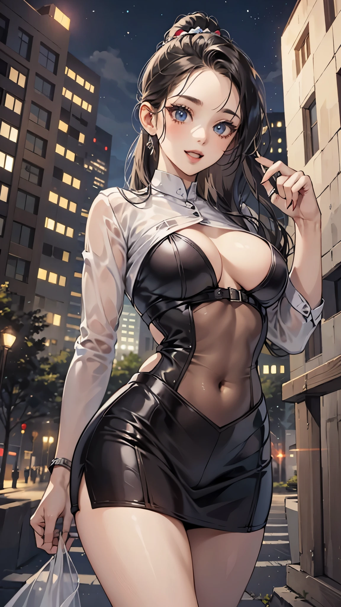 woman,20-year-old,,city,night,white tight miniskirt bodysuit,(),open mouth smile((See-through))glasses,((beautiful long ponytail))