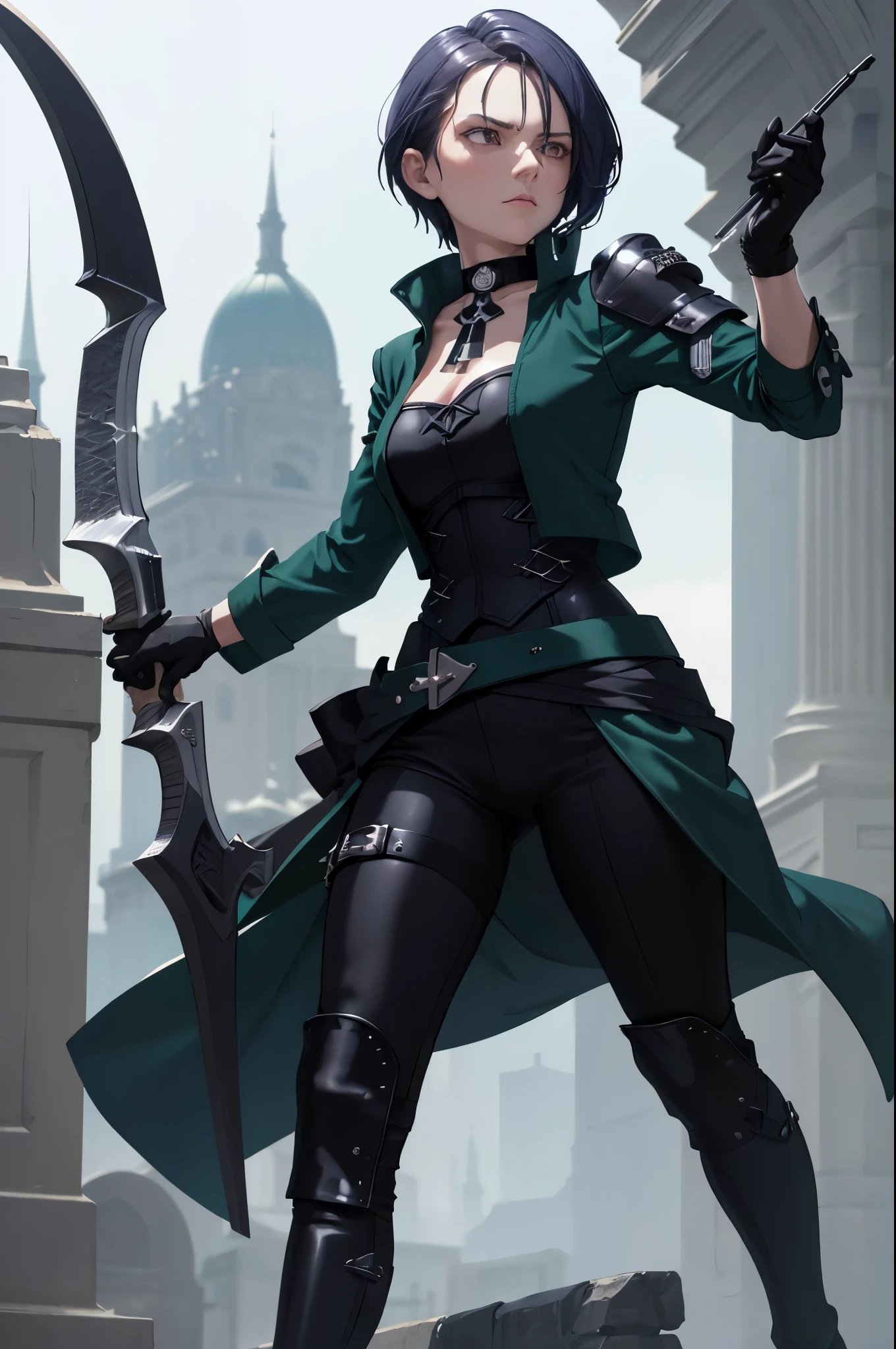 masterpiece, best quality, defShamir, collar, shoulder pad, black shirt, black gloves, bodice, green jacket, green belt, black pants, green boots, whole body, black background, simple background, FEH, standing, furrowed brow, serious, BowAiming, bow \(weapon\), aiming 