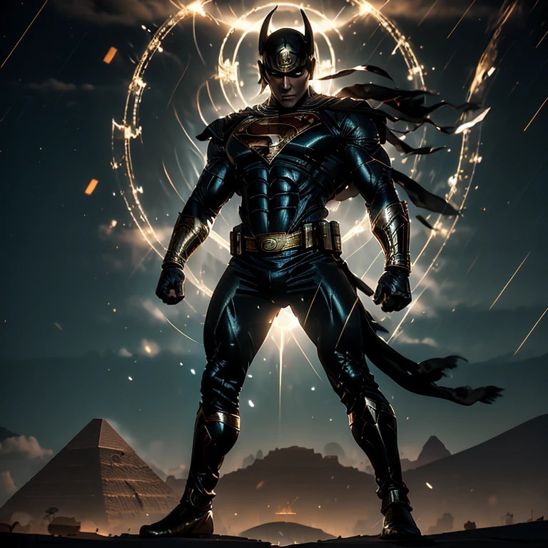 Ultra-realistic CG rendering, masterpiece, best quality, Superman as an Egyptian God, solo, muscular physique, intricately detailed headdress adorned with Egyptian symbols, piercing gold eyes, chiseled features, contrasted with the murky, shadowy background, hieroglyphs and ancient artifacts scattered around, the sun setting behind, casting a golden glow on Superman's form, armor shimmering in the twilight, majestic and imposing, the peaceful desert landscape creating a surreal backdrop for the Dark Knight's transformation into an Egyptian God.