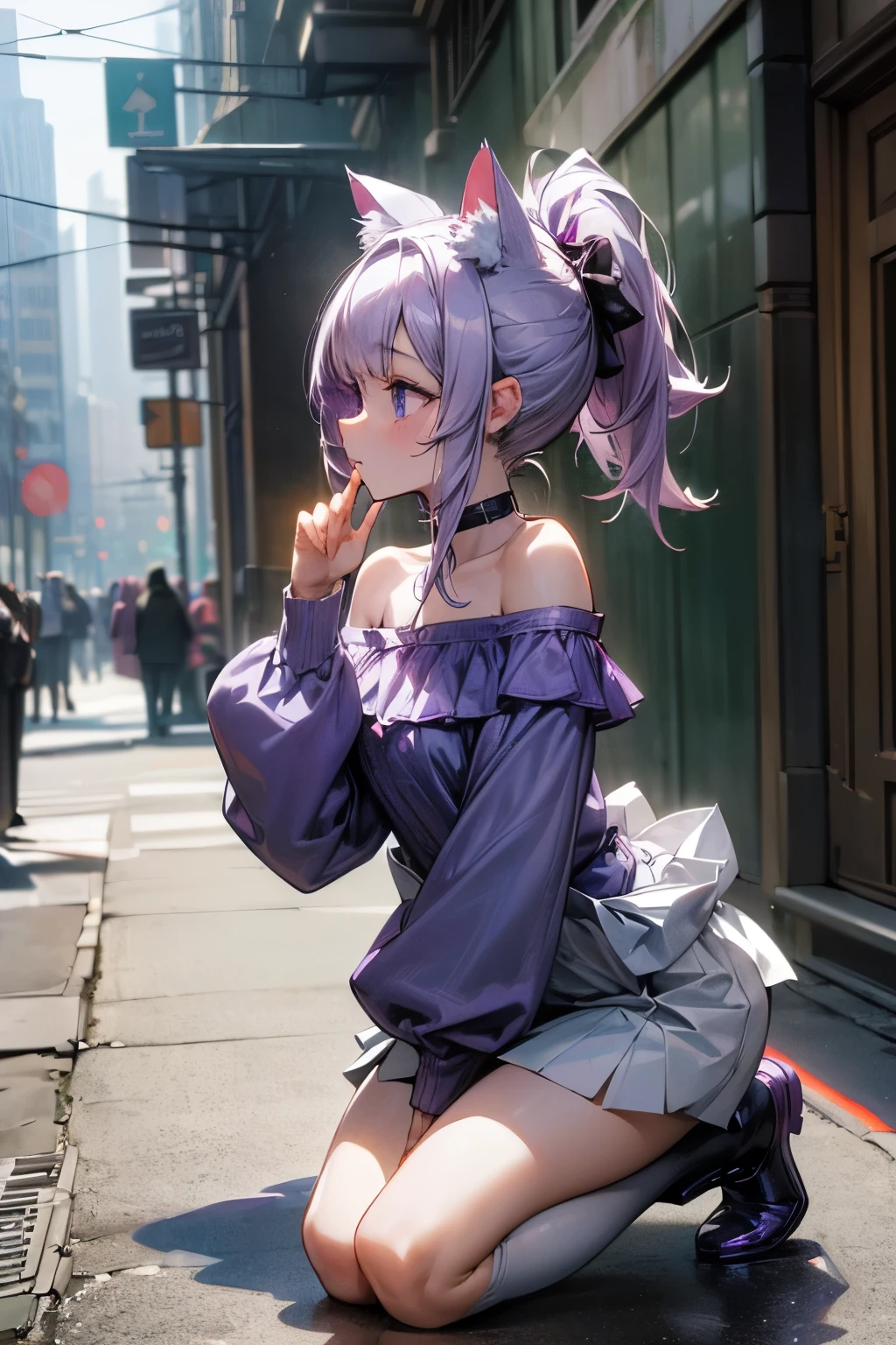 ((Masterpiece)), ((best quality)), (Photorealsitic:1.3), (super detailed), (kneeling), (profile of only face), 1girl, cute little girl, (Gravure Pose), (put on cat ears), messy long ponytail, pale purple hair, cute eyes, (Off-shoulder white long sleeves), city street, high res, ((beautiful eyes)),