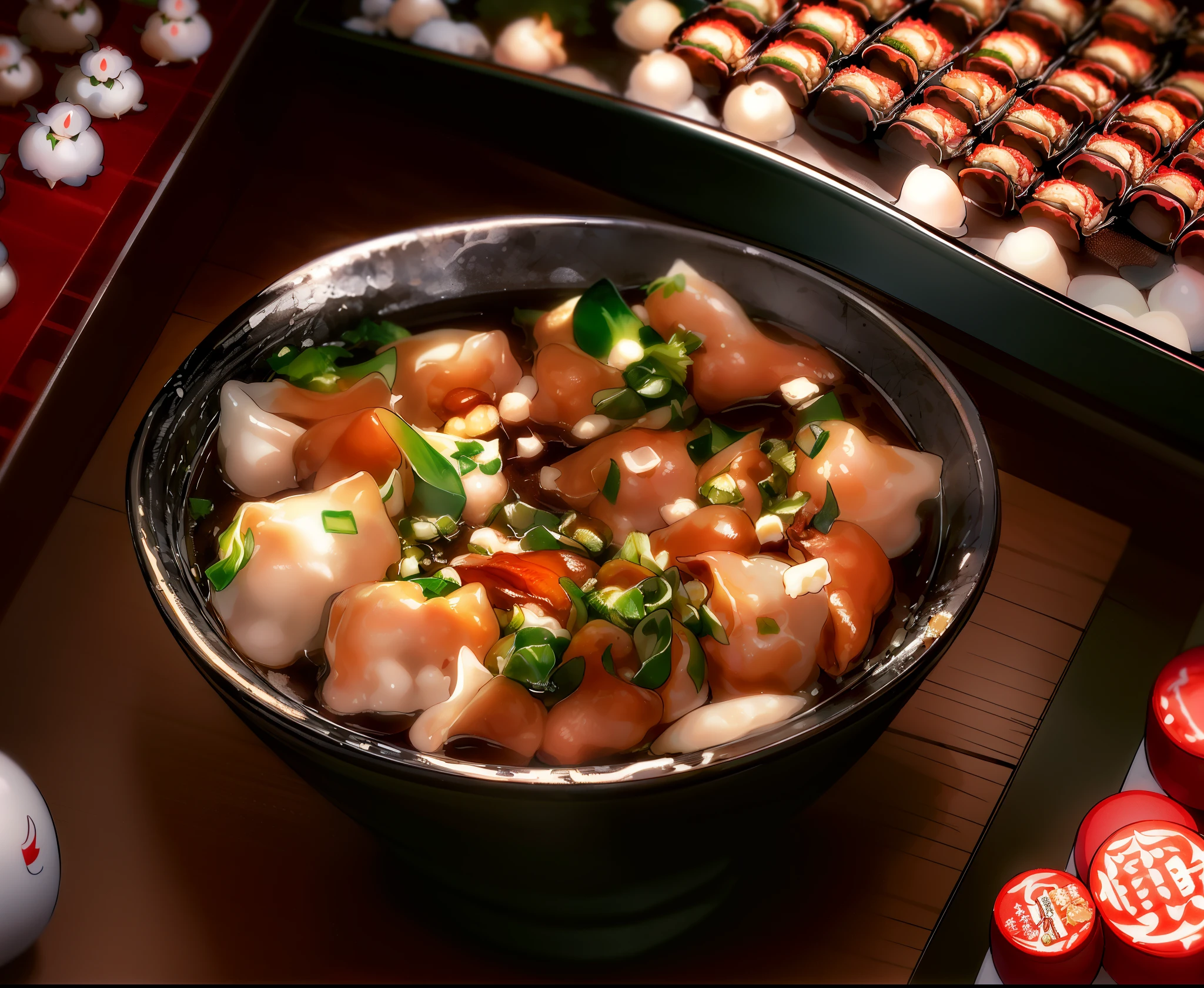 there is a bowl of dumplings with green onions and broccoli, momoshiki ōtsutsuki, sougetsu, dumplings on a plate, daopao, kantoku, kakejiku, daoshu, hajime katoki, kintsukuroi, salmon khoshroo, ❤🔥🍄🌪, shogakukan