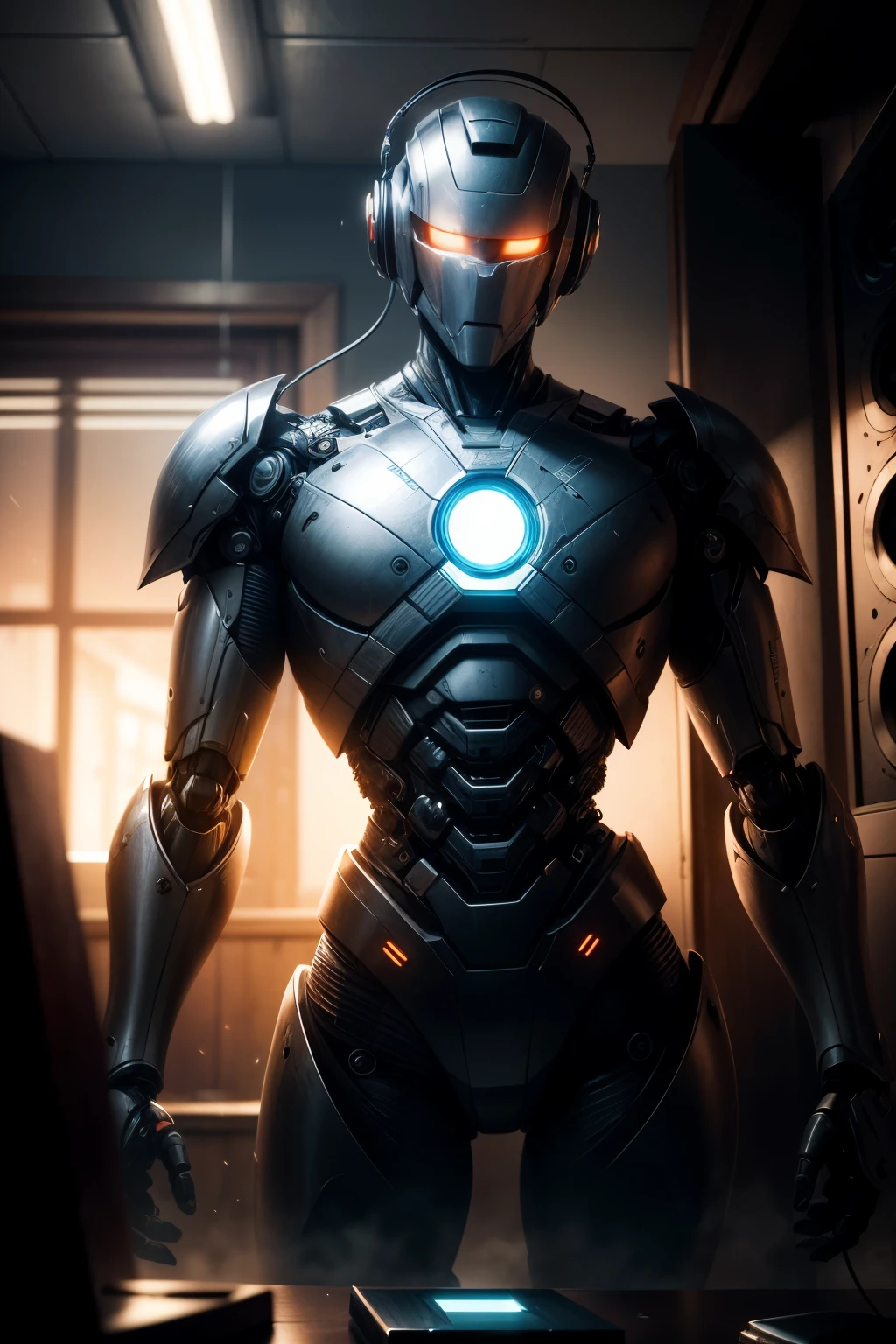 a robot from the future with a mirrored visor in place of his face speaking into a speaker, hyper-realistic, + cinematic shot + dynamic composition, incredibly detailed, sharpen, details + superb details + evening with light + perfectionism + award winning realism ((moody lighting))