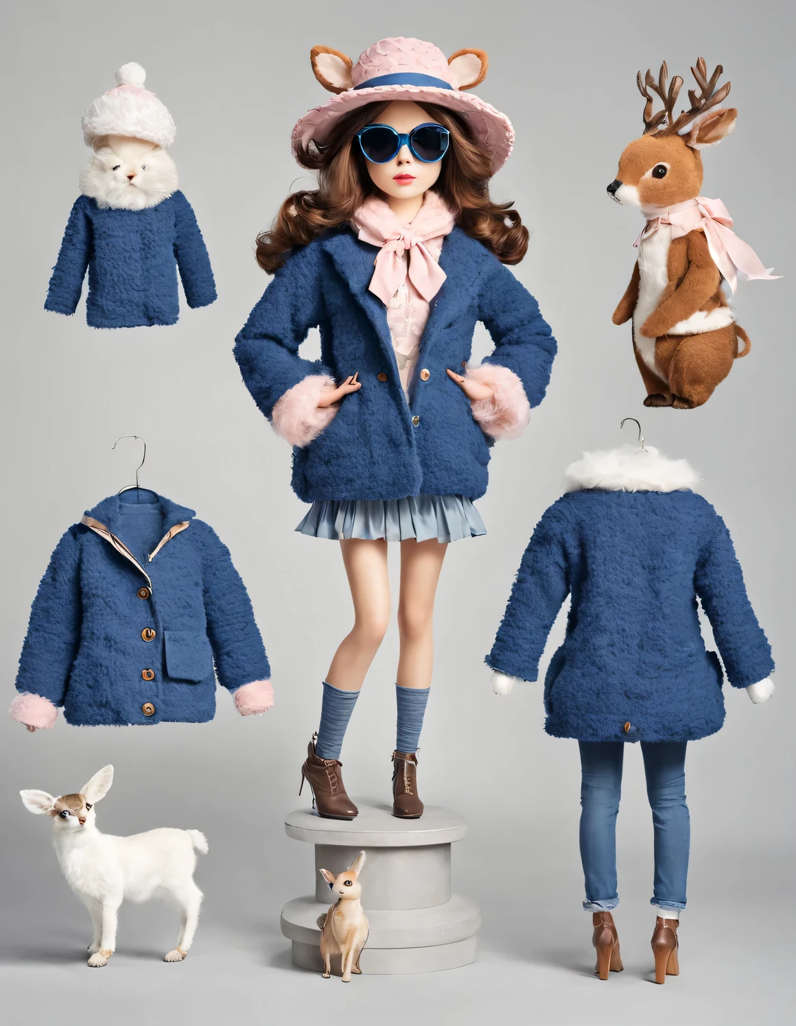 rococo style,3D style doll design,(One is very fat、Very fashionable、Very cute deer), Wearing a pink turtleneck and blue jacket,Winter scarf,jeans,Gloves,bow tie,small round hat(Decorated with flowers or feathers),tie,sunglasses,(female)handbag,cotton,flax,Wool combines classic and modern styles,An elegant combination of dark blue and brown,Show off the charm of retro style while maintaining a sense of fashion, Excited and happy smile,Wearing a sun hat,eery,smiling,Shining white fluffy,big bright eyes,fluffy tail,Exquisite and delicate,fairy tale,Super details,Pixar style,bright colors,Natural light,Simple background in solid color,5 and ctane rendering,gorgeous,super wide angle,8k,HD realistic,