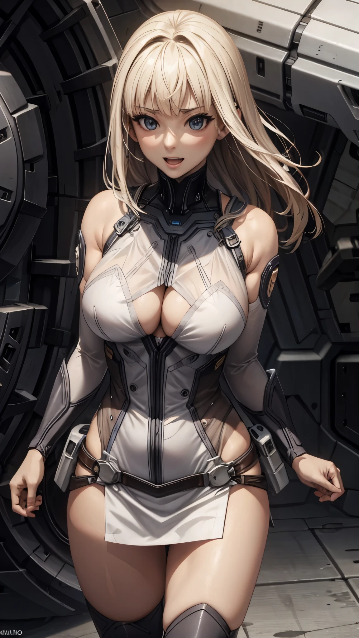 woman,20-year-old,,city,night,((white tight miniskirt bodysuit)),(Harada Makoto),open mouth smile,(((See-through))),((blonde)),long hair