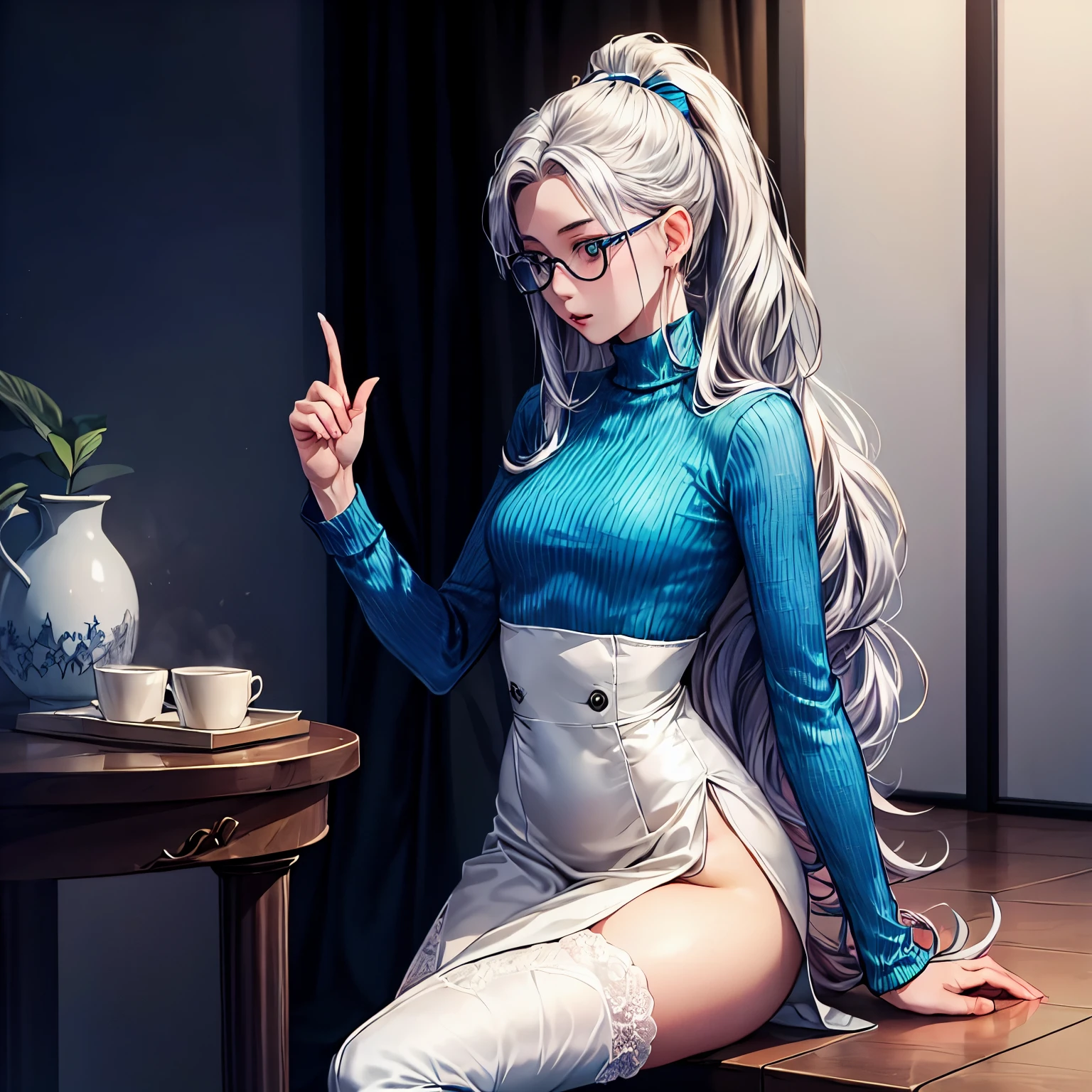 Name: So-Young Yong
Age: mid 20s
Gender: boy
Eyes: foxy, aqua eyes
Height: 5'6
Hair: very long, curly deep mauva hair that he normally puts up in a high ponytail with a ribbon hair tie
Wears: a fitted, long-sleeved deep blue turtleneck; a high waisted black short with silver details that reaches just past half his thighs; black thigh high boots with small heels
Accessories: Big silver thing glasses; silver rings on his left pointer, middle and ring fingers