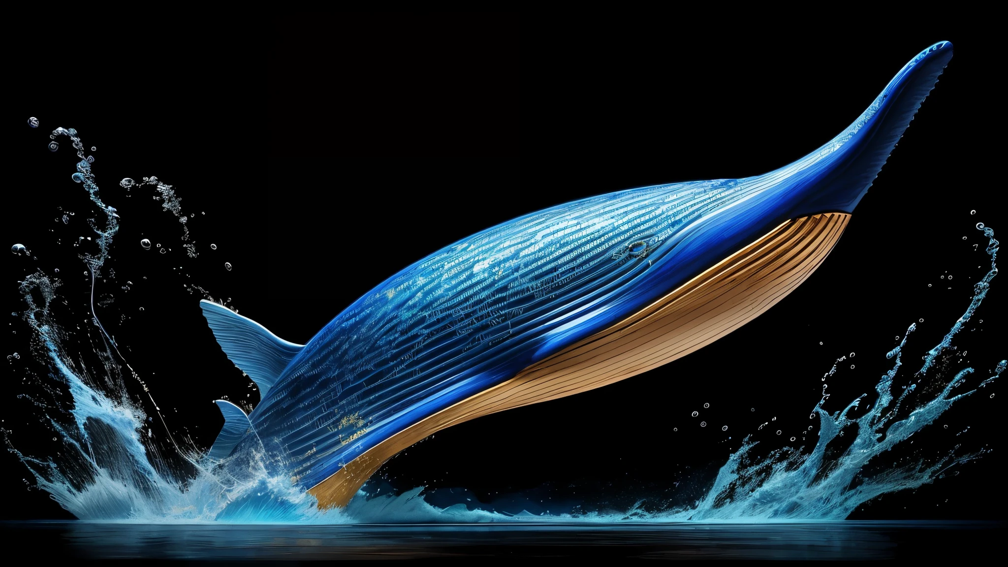 masterpiece, super high quality, super detail, perfect drawing, Cobalt blue and gold highlights, mercury in the shape of a dynamic, moving sculpture whale.