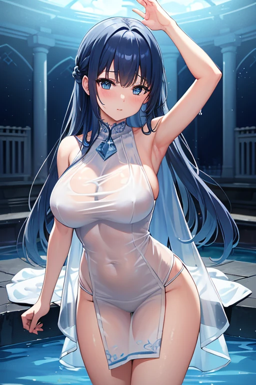 (highest quality, 8K, 32K, masterpiece, UHD: 1.3), 1 female, (Oversized: 1.3), perfect figure,, (attractive), (Sheer skin)) 、((((Transparent see-through dress))))、see-through dresses、lace sheer dress、Transparent dress、Sheer skin、Transparent dressを着た美しい裸の女性、solo、best style、big breasts、The most beautiful in the world、unparalleled beauty、long hair、 ((blue bathhouse)),、Blue lighting. concept art stunning atmosphere, blue atmosphere, beautiful concept art, Dark Majestic gorgeous public bath, Inside the blue palace、(blue water辺、blue water)、blue reflection、Cyan color、get wet in blue water、Blue light、Blue World、Expressive、sexy pose、sexy design