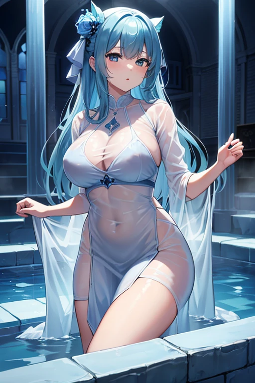 (highest quality, 8K, 32K, masterpiece, UHD: 1.3), 1 female, (Oversized: 1.3), perfect figure,, (attractive), (Sheer skin)) 、((((Transparent see-through dress))))、see-through dresses、lace sheer dress、Transparent dress、Sheer skin、Transparent dressを着た美しい裸の女性、solo、best style、big breasts、The most beautiful in the world、unparalleled beauty、long hair、 ((blue bathhouse)),、Blue lighting. concept art stunning atmosphere, blue atmosphere, beautiful concept art, Dark Majestic gorgeous public bath, Inside the blue palace、(blue water辺、blue water)、blue reflection、Cyan color、get wet in blue water、Blue light、Blue World、Expressive、sexy pose、sexy design