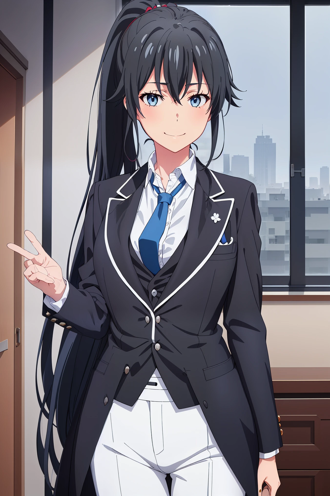 ((best quality)), ((masterpiece)), (detailed) 1girl 1girl, ;\), blurry, blurry_background, breasts, , hair_ponytail ribbon, looking_at_viewer, ok_sign, one_eye_closed, open_hand, Yukinoshita Yukino ,Woman wearing formal clothes, An attractive coat stands in a large gap in the room , 1girl, 独奏, blue necktie, Black hair, eyes blue, long hair, smile , collared shirt, white pants, white shirt , Elegantly designed coat , Stand in front of a window ,Perfectly tailored tailcoat. It has a stunning Victorian design and is made of lustrous fabric