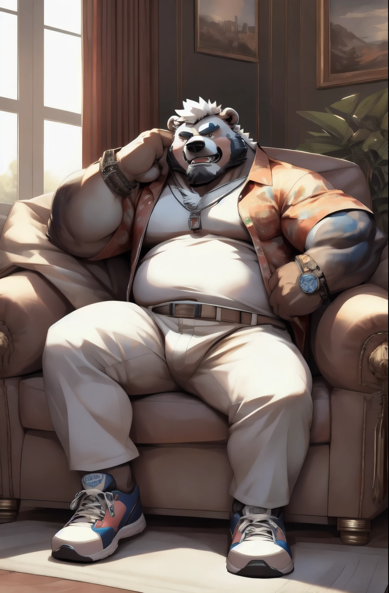 (一只的狗Bear富豪)，(Sitting limply on the sofa)，(Wearing luxurious clothes:1.3)，(Various details)，(in a luxurious living room:1.5)，(Lots of furniture around)，(young:1.3)，Slightly fat，mouth slightly open，(hairy)，(white hair:1.3)，messy hair，(orc)，(Bear)，high resolution，masterpiece，perfect细节,NFSW,Unsuitable workplace,(alone),Normal limbs，no mutilation，perfect，The texture is clear,Bring a watch,With necklace jewelry,sportswear,Wear sneakers,Hair color: Yellowish