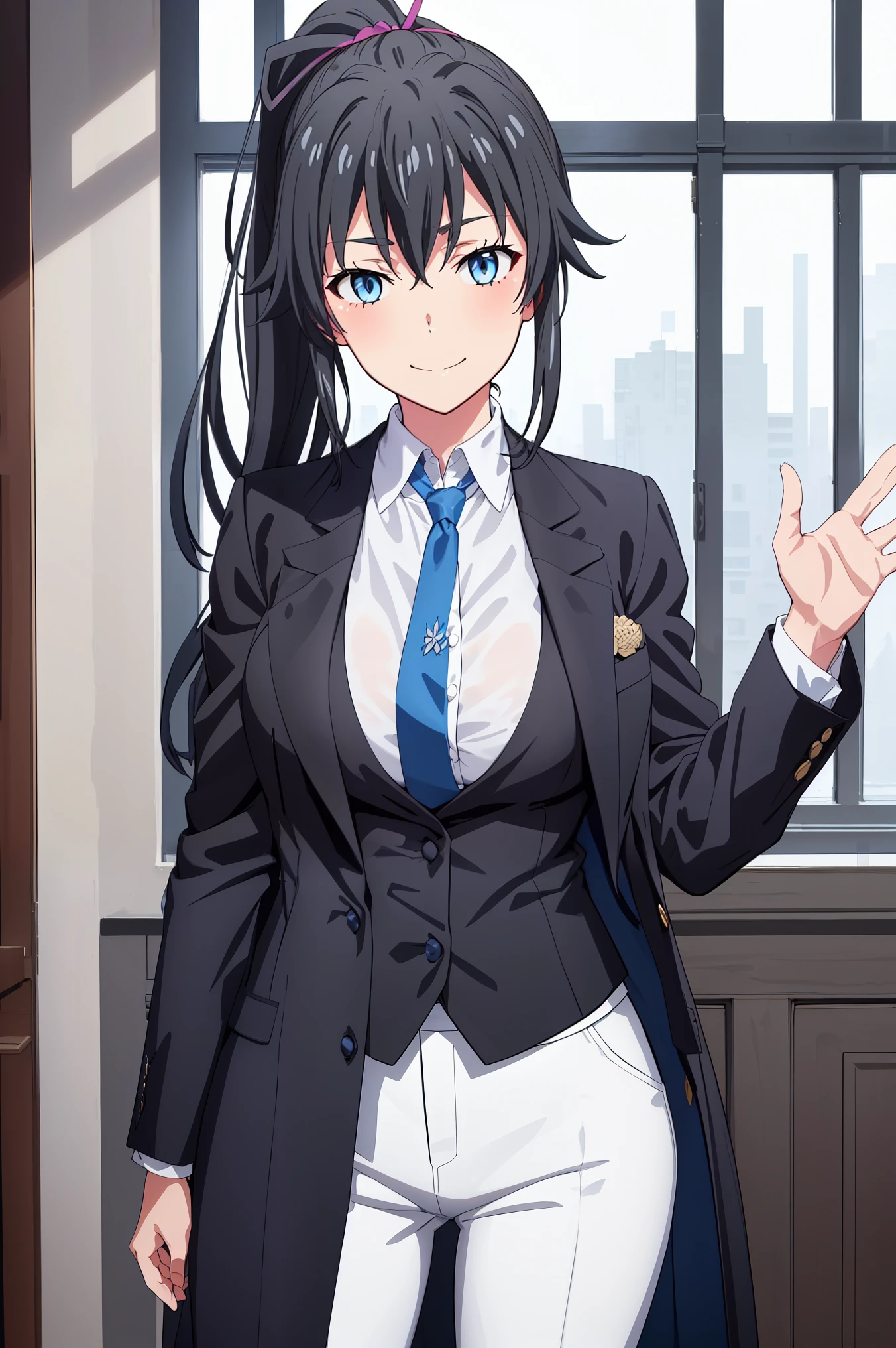 ((best quality)), ((masterpiece)), (detailed) 1girl 1girl, ;\), blurry, blurry_background, breasts, , hair_ponytail ribbon, looking_at_viewer, ok_sign, one_eye_closed, open_hand, Yukinoshita Yukino ,Woman wearing formal clothes, An attractive coat stands in a large gap in the room , 1girl, 独奏, blue necktie, Black hair, eyes blue, long hair, smile , collared shirt, white pants, white shirt , Elegantly designed coat , Stand in front of a window ,Perfectly tailored tailcoat. It has a stunning Victorian design and is made of lustrous fabric