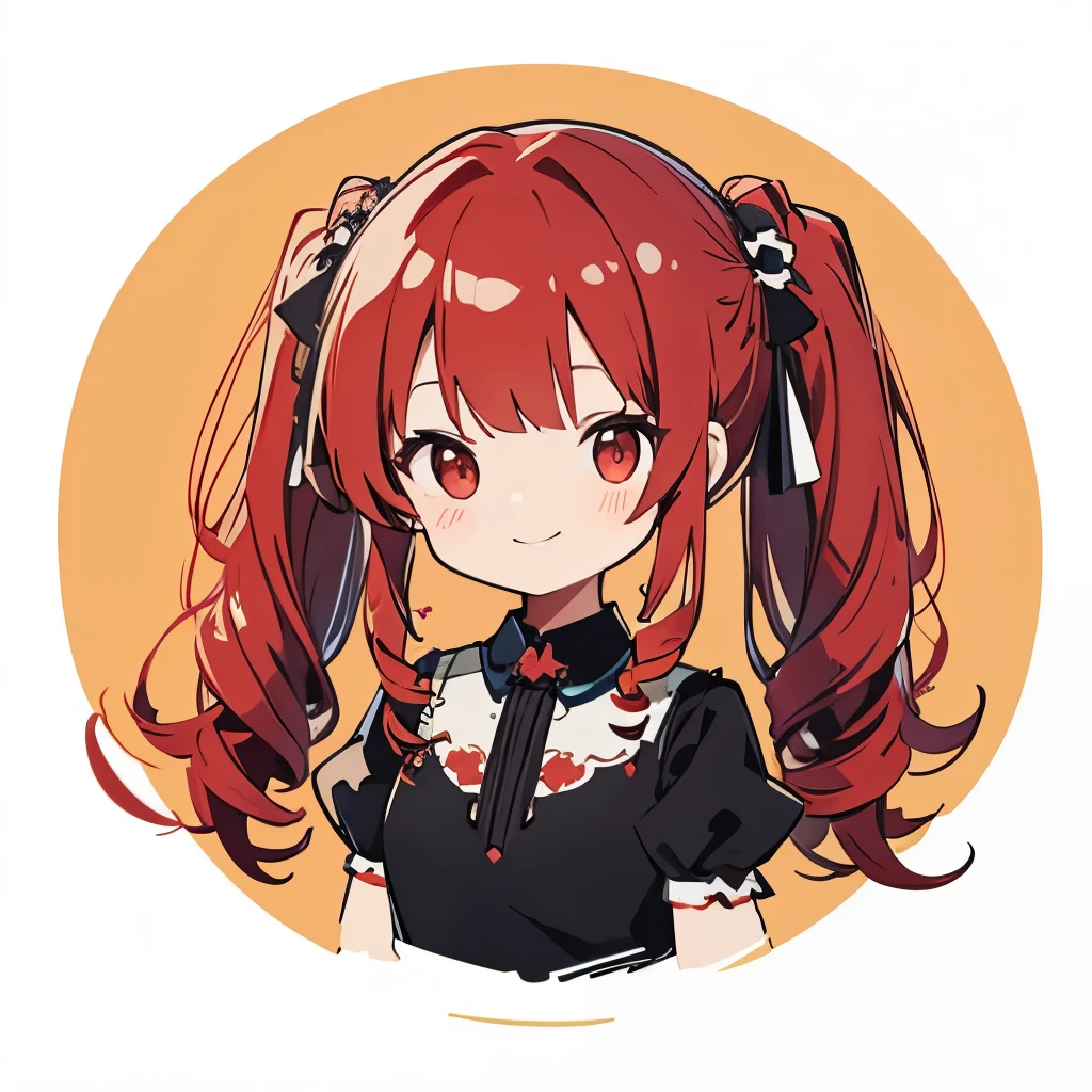 transparent watercolor、girl、Jewel Eyes、Beautiful arrangements and motifs、Depth of bounds written、flat avatar, 1girl, Smile, slightly lighter red hair((twin tails、Hair rolls))、smile、best smile、red hair、縦Hair rolls、twin tails、black shirt、red ruffles、red eyes、ツイン縦Hair rolls、flat avatar、Deformed、Upper body、Vertical curly hair、vertically curled hair、twin drill hair、Trixie