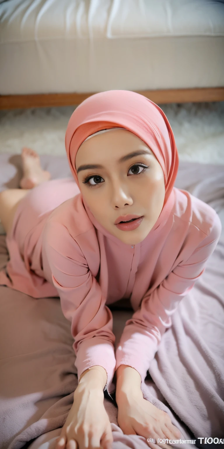 1 matured malay girl in hijab wear sexy wet pinky lace bra and panties kneeling, on the bed, nighttime, full body, close-up, seducing, big sagging breast, cum on face, on the bed, (8k, RAW photo, best quality, masterpiece:1.2),(realistic, photo-realistic:1.37),