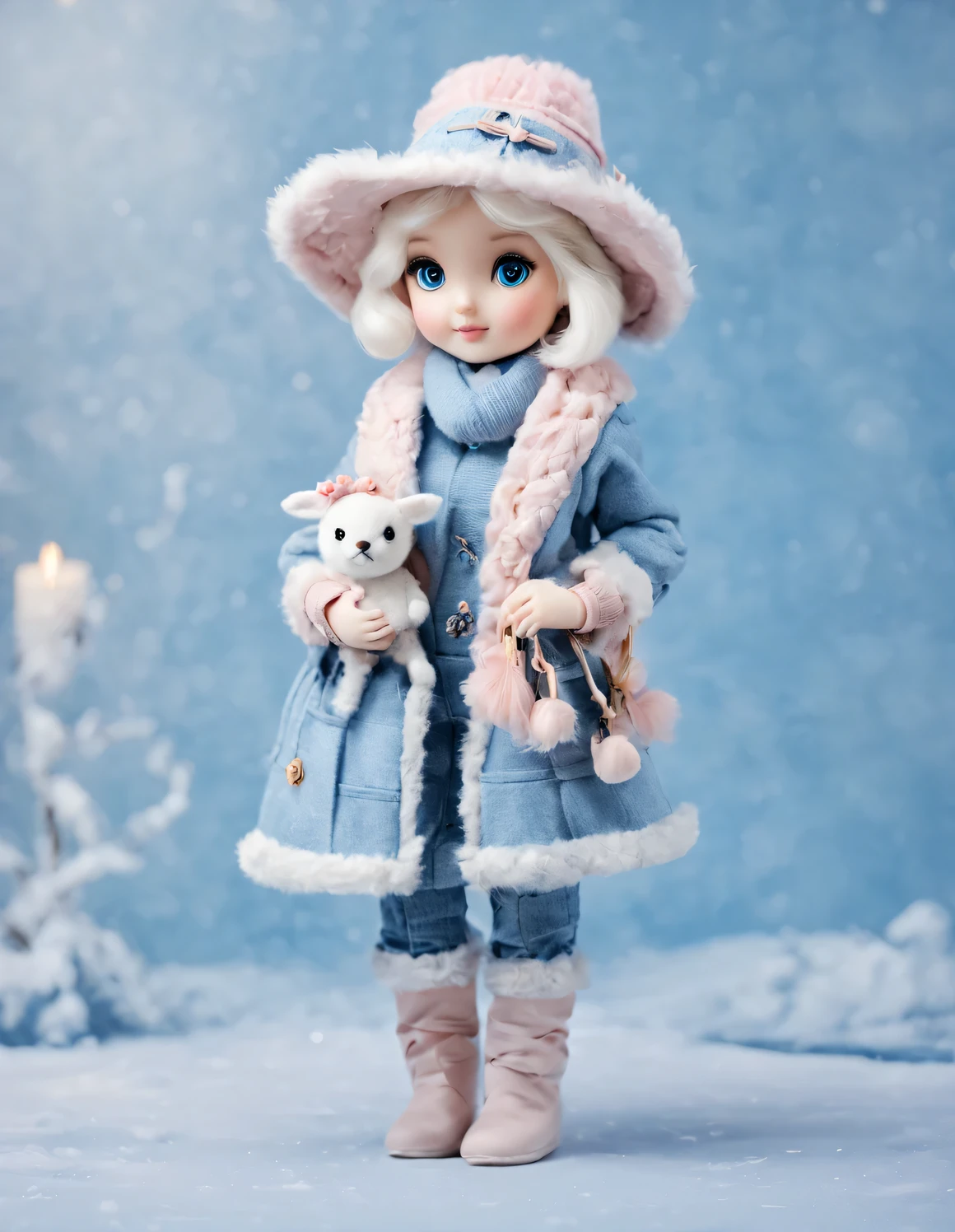 3D style doll design,(One is very fat、Very fashionable、Very cute little reindeer),Wearing a pink turtleneck and blue jacket,Winter scarf,jeans,Gloves,bow tie,small round hat(Decorated with flowers or feathers),(woman)handbag,cotton,flax,Wool is characterized by exquisite details and layering,And the sharp contrast of black and white plaid pants,Soft tones combine with a light blue coat and an off-white woven sweater,Create an elegant and modern urban style,Excited and happy smile,Wearing a sun hat,Weird,Full of smiles,Shiny white fluffy,big bright eyes,fluffy tail,Exquisite and delicate,fairytale-like,Super details,Pixar style,bright colors,Natural light,Simple background in solid color,5 and ctane rendering,Popular on ArtStation,gorgeous,super wide angle,8k,HD realistic