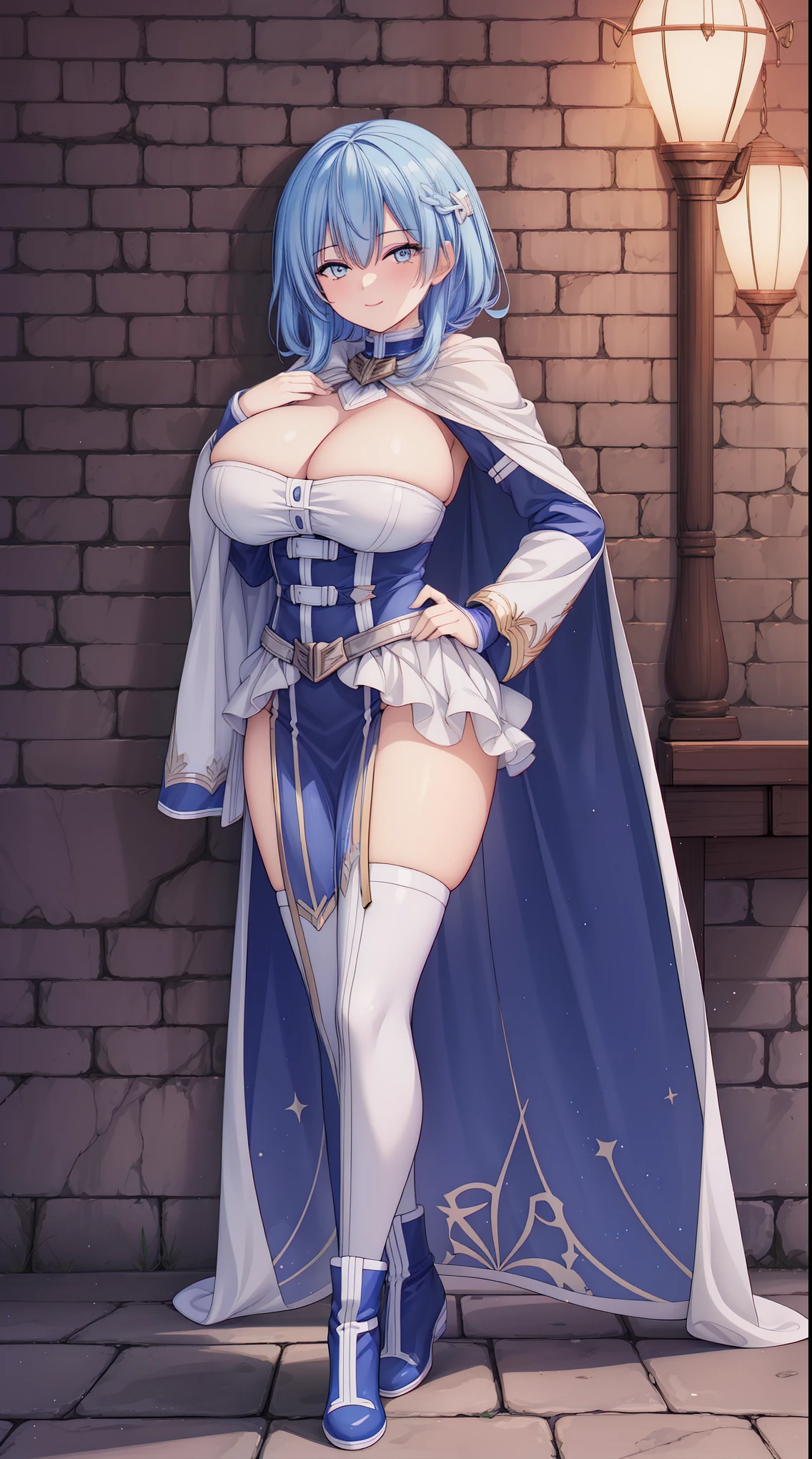 an illustration of showing a person with a cape and a blue hair color in the animation style clothing, long hair, female focus, solo, cape, long sleeves, hand on hip, standing, looking at viewer, full body, black footwear, bangs, short skirt, blue hair, white skirt, boots, smile, skirt tucked in, closed mouth, huge breast, perfect Composition, cleavage,
1 girl, 20yo,YOUNG female,Beautiful Finger, Beautiful long legs ,Beautiful body ,Beautiful Nose ,Beautiful character design, perfect eyes, perfect face,
official art, extremely detailed CG unity 8k wallpaper, perfect lighting,Colorful, Bright_Front_face_Lightinasterpiece:1.0),(best_quality:1.0), ultra high res,4K,ultra-detailed,
photography, 8K, HDR, highres, absurdres:1.2, Kodak portra 400, film grain, blurry background, bokeh:1.2, lens flare, (vibrant_color:1.2)
, (beautiful_face:1.5),(narrow_waist), (Beautiful,Huge_Breasts:1.3)