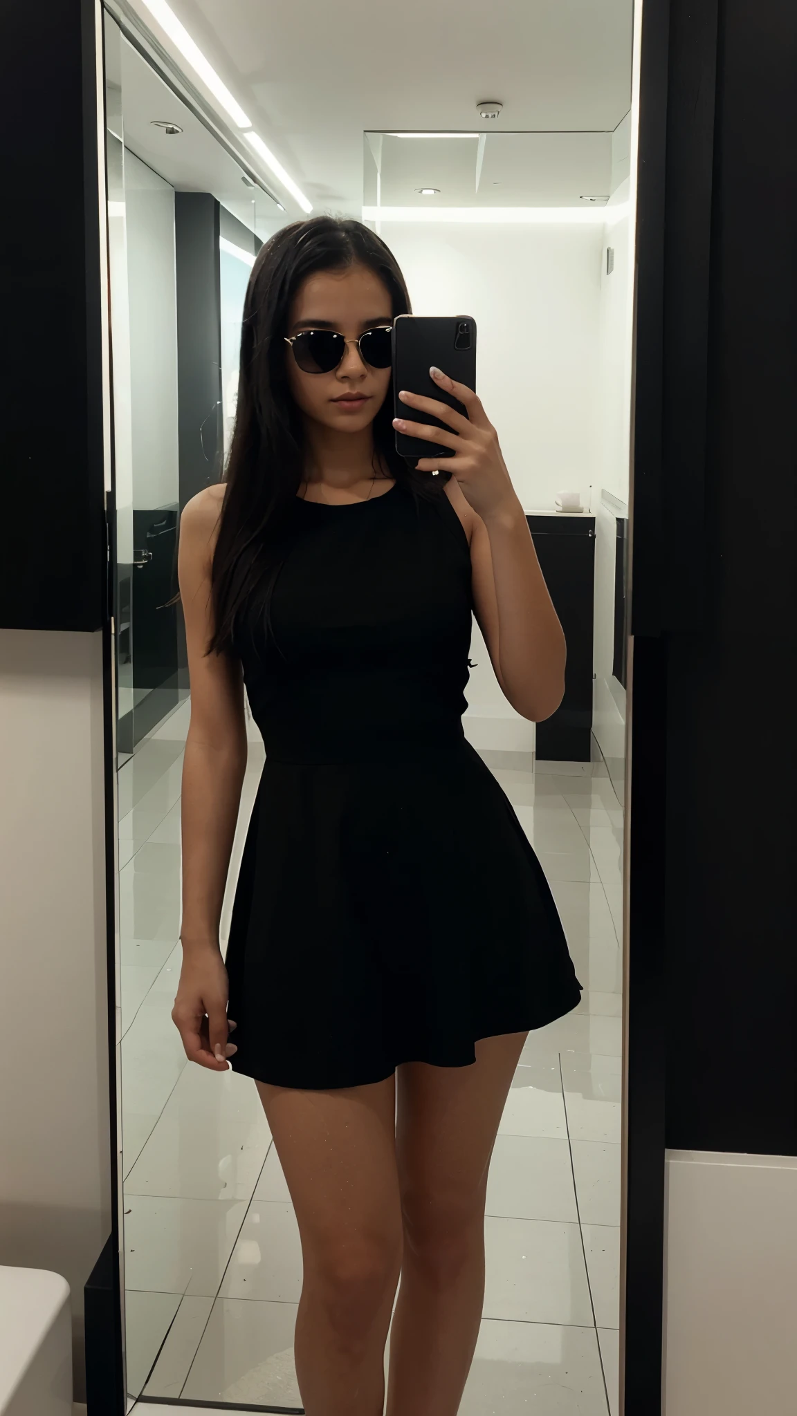  girl in a black dress taking a selfie in a mirror with black sunglasses on face, aesthetic, black vignette, Brazilian style, holding a Samsung S20, reflection in the mirror, front view, cell phone photo quality, Instagram filter black and white, contrast high black, in mall bathroom interior in the background, photo