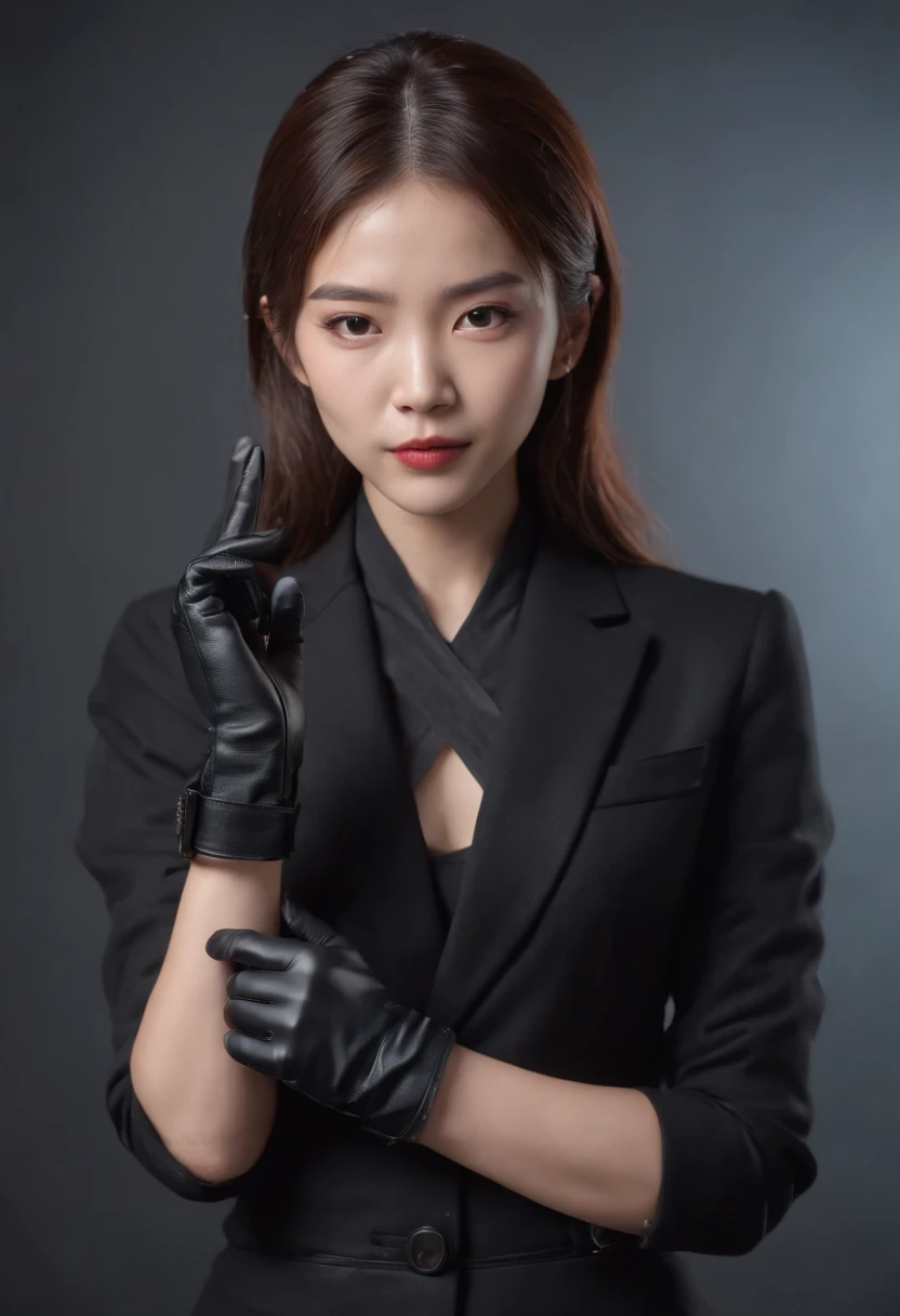 Japan girl in black suit holding gun with two hands in black leather gloves