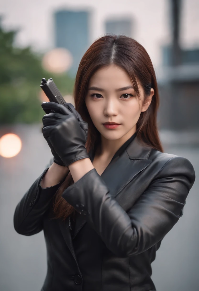 Japan girl in black suit holding gun with two hands in black leather gloves