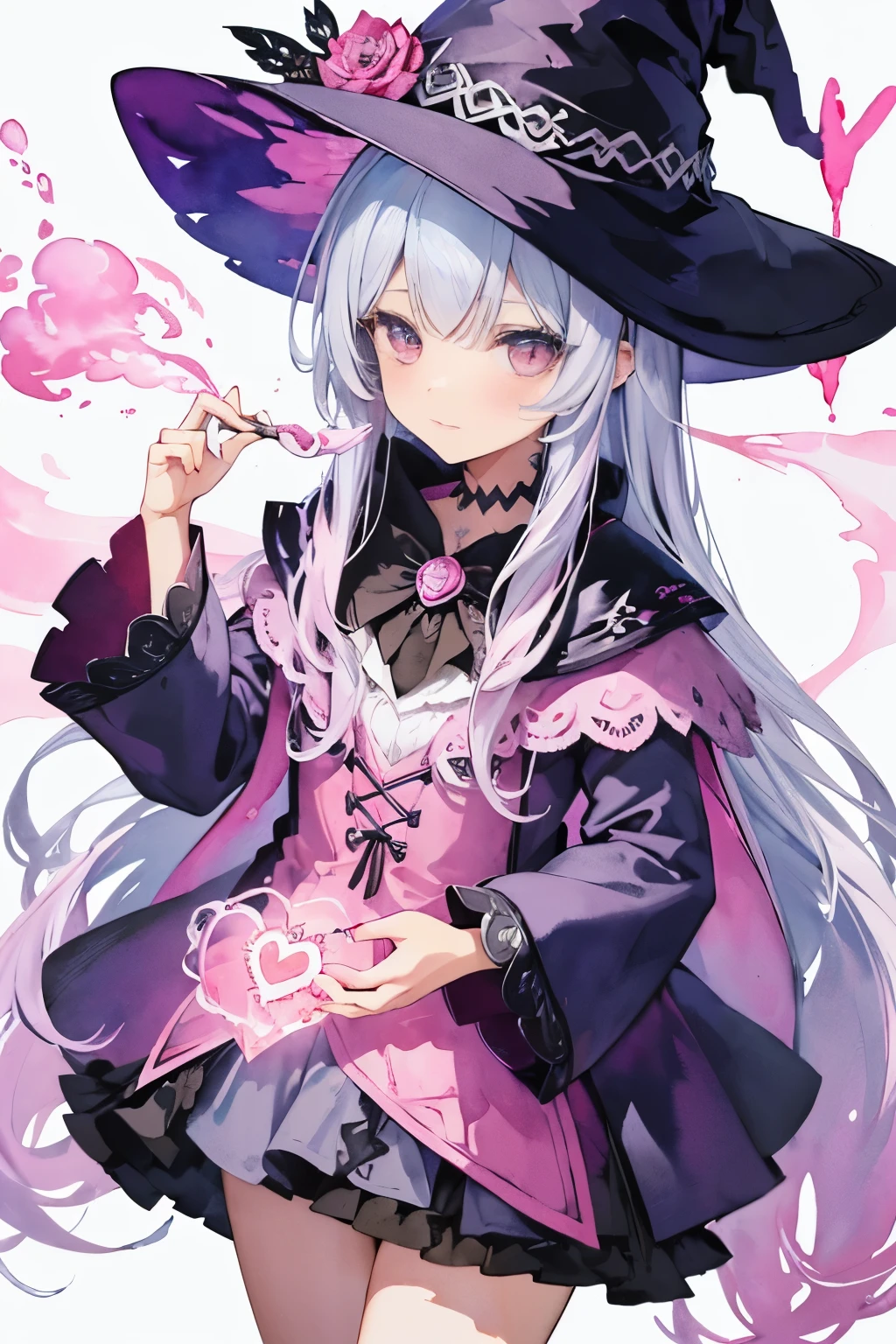 ((Super detailed), #3b4195 background, witch, have a love potion, pink smoke, Watercolor pattern in calm colors, (watercolor texture), ((1 girl), long hair, close