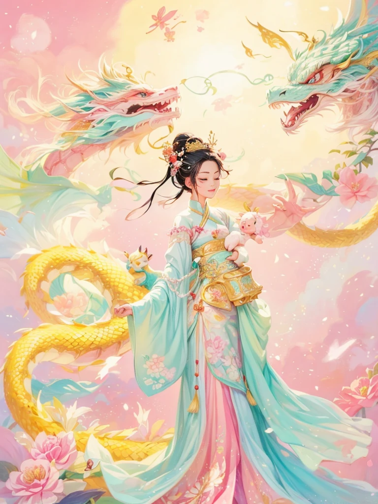 dragonjoyful and festive scene featuring a cute and lively 5-year-old ancient Chinese princess embracing a fluffy-textured, mythical Chinese baby dragon. Both are sleeping peacefully. The background is enhanced with festive decorations, such as lanterns, colorful banners, and traditional Chinese motifs, symbolizing celebration and happiness. This scene, rich in ancient Chinese cultural elements, captures a sense of joy and festivity, making the moment between the princess and the dragon even more endearing and magical, (花卉水彩画:1.5), (Ultra high saturation, bright and vivid colors: 1.5), (nsfw), (Facing the viewer: 1.5),(pastel tone painting: 1.8)