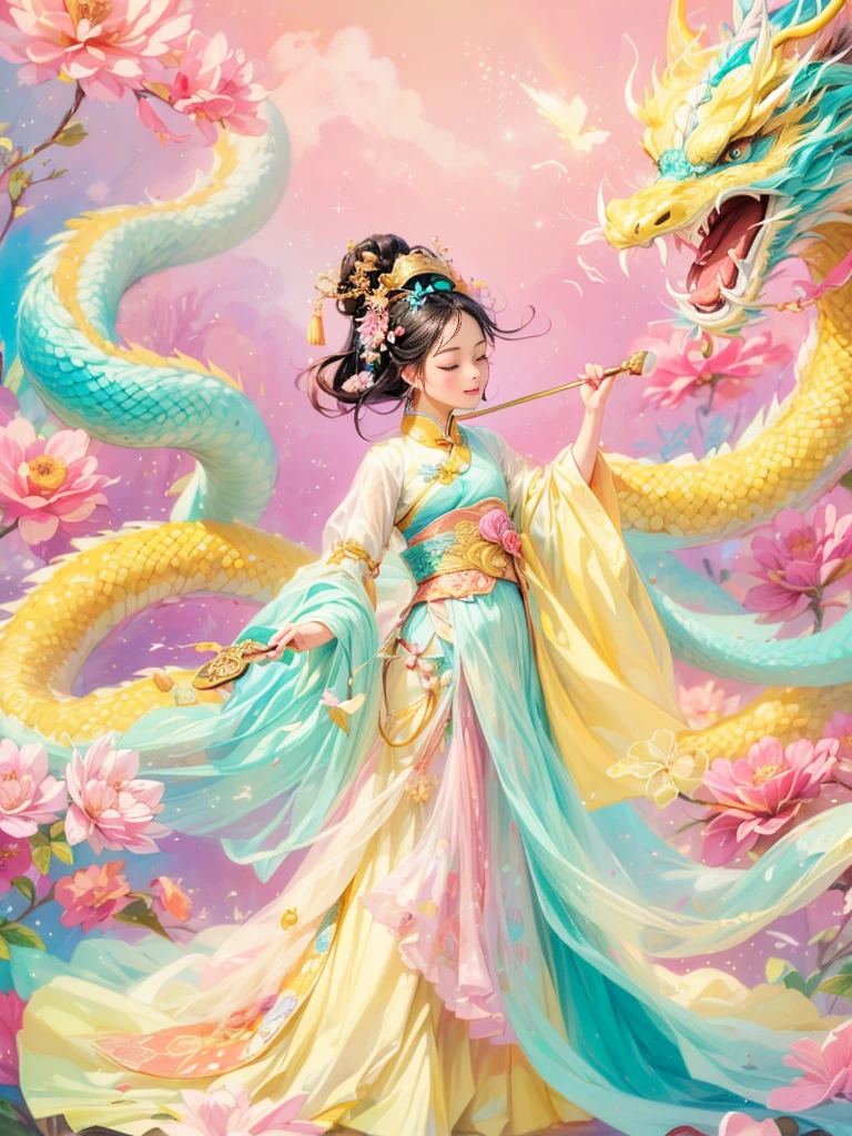 dragonjoyful and festive scene featuring a cute and lively 5-year-old ancient Chinese princess embracing a fluffy-textured, mythical Chinese baby dragon. Both are sleeping peacefully. The background is enhanced with festive decorations, such as lanterns, colorful banners, and traditional Chinese motifs, symbolizing celebration and happiness. This scene, rich in ancient Chinese cultural elements, captures a sense of joy and festivity, making the moment between the princess and the dragon even more endearing and magical, (花卉水彩画:1.5), (Ultra high saturation, bright and vivid colors: 1.5), (), (Facing the viewer: 1.5)，(pastel tone painting: 1.8)