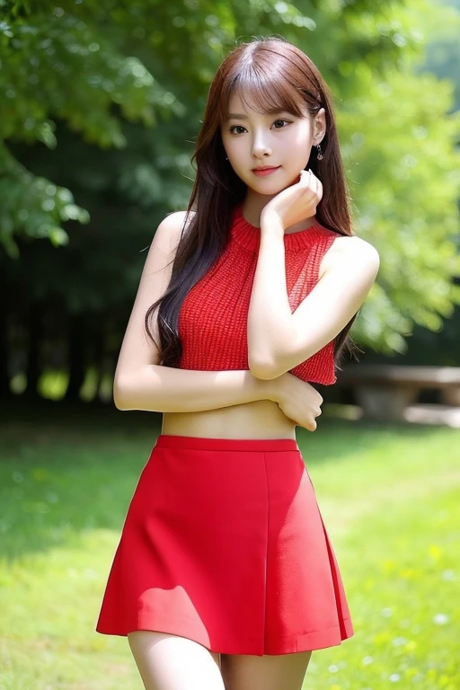((best quality)), (detailed), perfect face, a girl who dress a short red skirt and red crop top, she is a beautiful angel, there is green fresh forest in background
