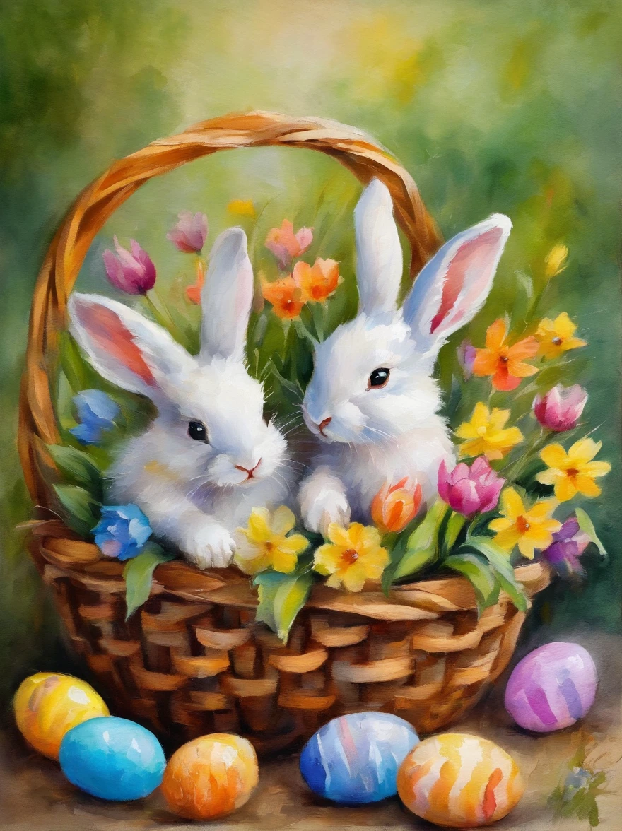 2 little small easter bunnies inside a wooden basket with colorful easter eggs and flowers in an easter art holiday decor style, vibrant atmosphere, watercolor art, watercolor painting, masterpiece, soft bright colors, soft light, easter holiday decor, 8K, detailed, highest quality artwork